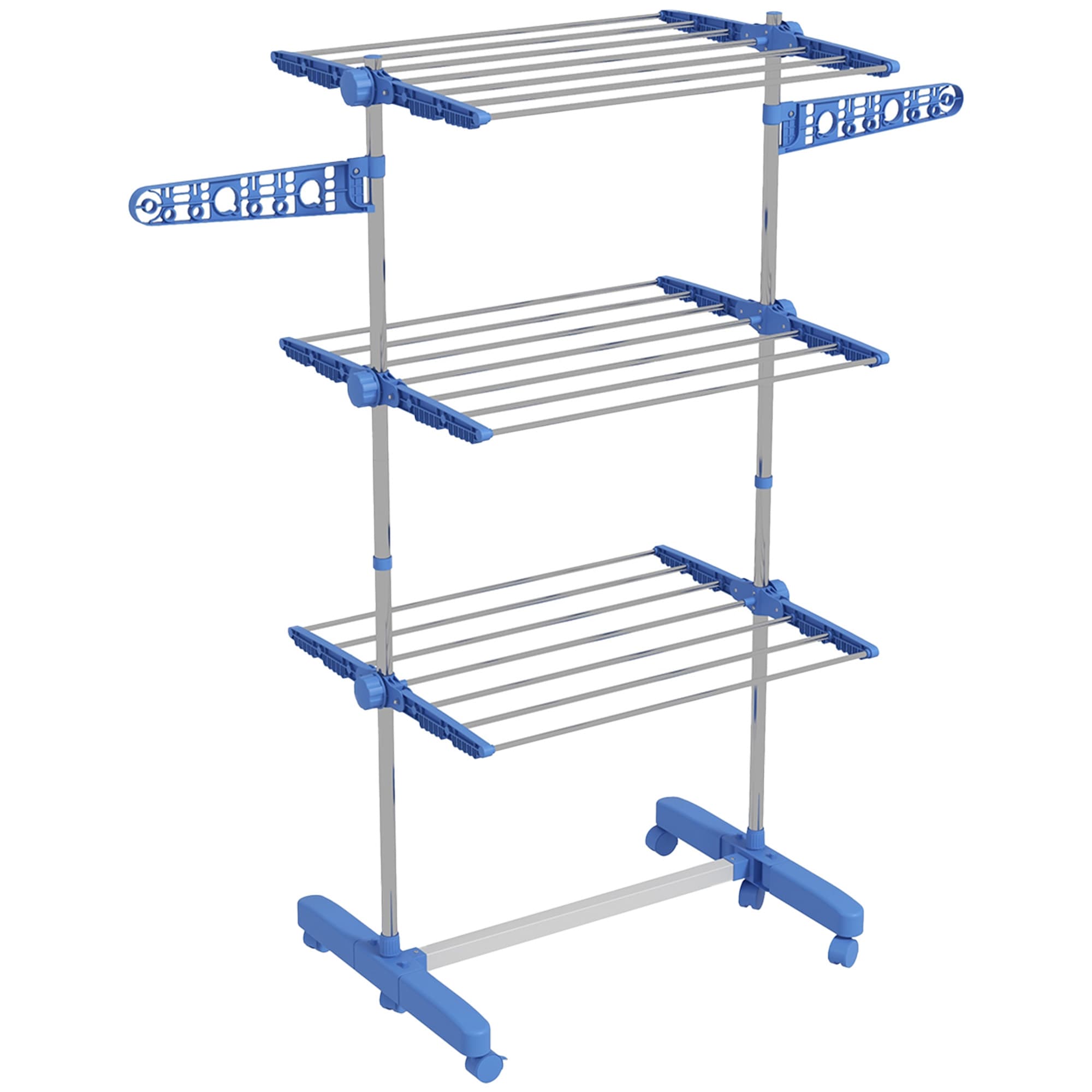 HOMCOM Estendal para Roupa Dobrável 80x55x152cm com 6 Rodas e 3 Prateleiras com Altura Ajustável de Aço Inoxidável Prata e Azul   Aosom Portugal