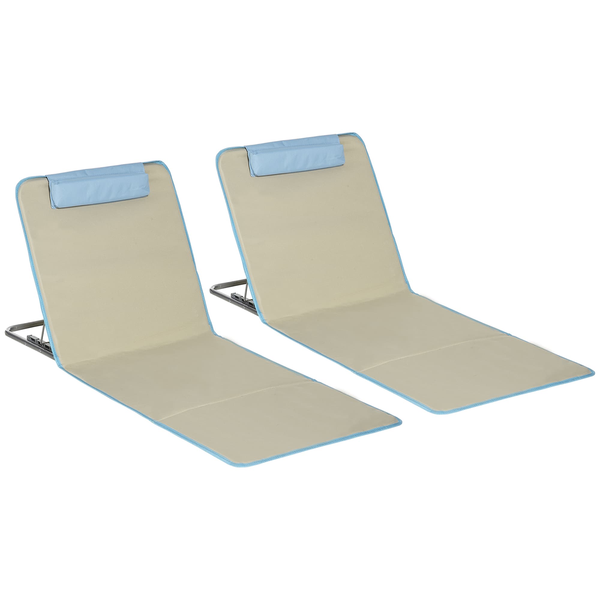 Outsunny Conjunto de 2 Esteiras de Praia Dobráveis 124x53x50cm com Encosto Ajustável e Apoio para a Cabeça Bege e Azul   Aosom Portugal