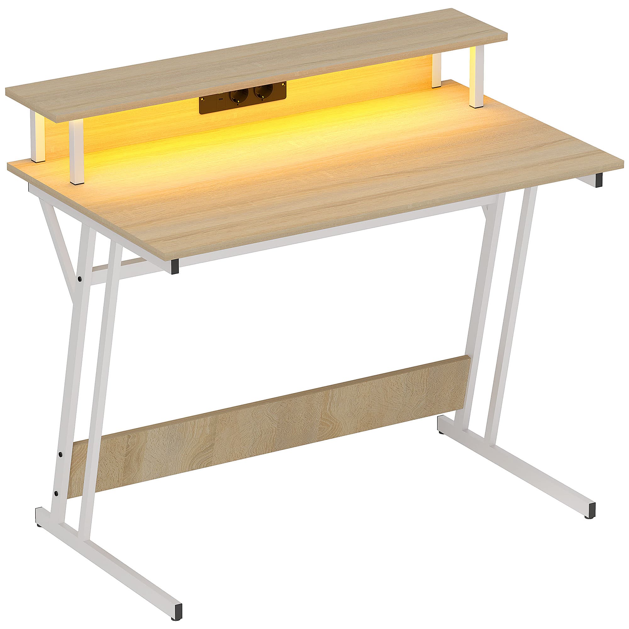 HOMCOM Secretária Gaming com Luzes LED 100x60x88,5 cm com Tomadas de Corrente Suporte para Monitor Prateleiras e Controlo Remoto Madeira   Aosom