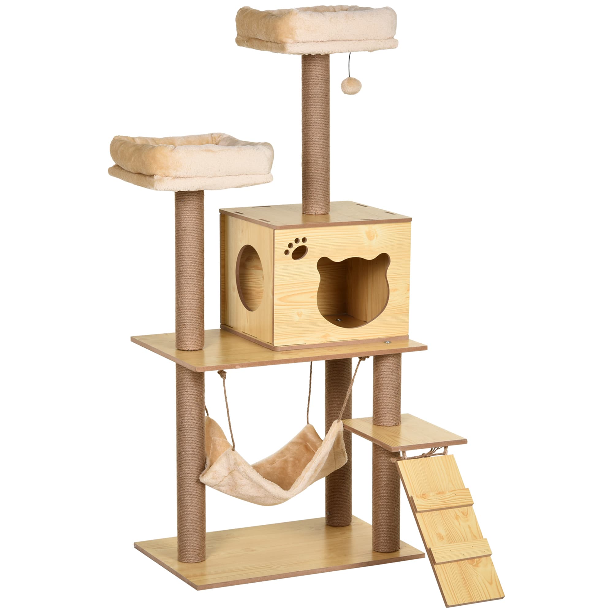 PawHut Arranhador Gatos Juta 2 Camas Rede Caverna Bola Suspensa Rede Rampa 60x40x130 cm Madeira Conforto Diversão   Aosom Portugal