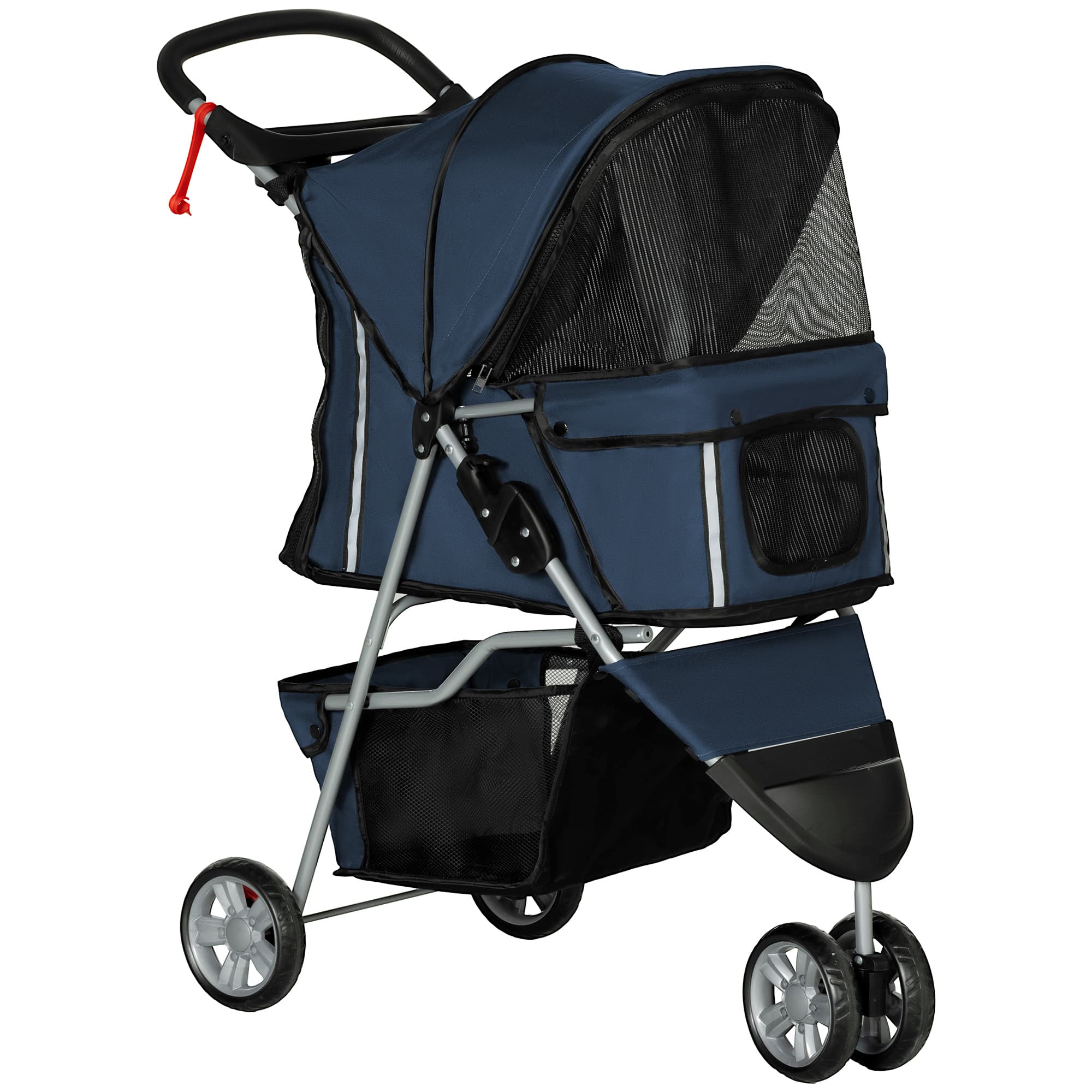 PawHut Carrinho para Animais de Estimação Dobrável com Rodas Giratórias Cesto e Suporte para Copos 75x45x97 cm Azul Escuro   Aosom Portugal