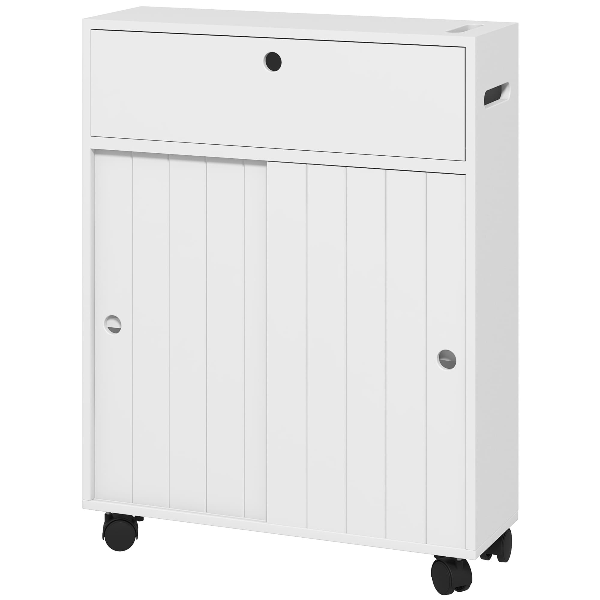 kleankin Armário Casa de Banho com 4 Rodas 2 Compartimentos para Papel Higiénico Prateleiras Ajustáveis 52x17x67 cm Branco   Aosom Portugal