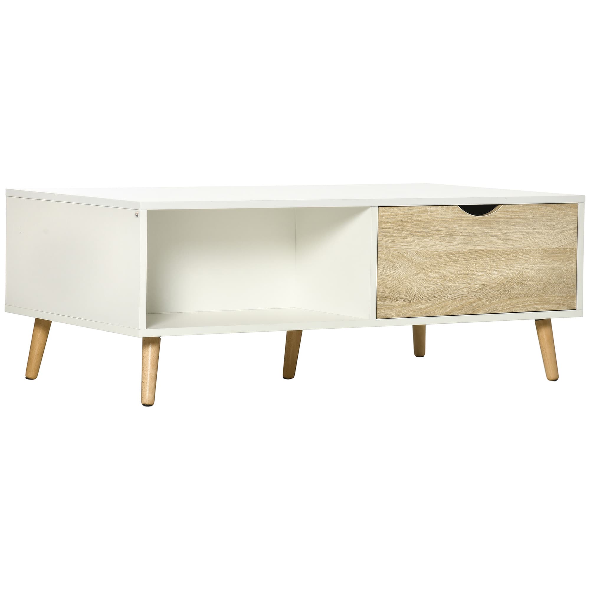 HOMCOM Mesa Centro Retangular 2 Gavetas Compartimentos Abertos Estilo Nórdico Design Moderno Espaçosa 106x58x395cm Branco Madeira   Aosom Portugal