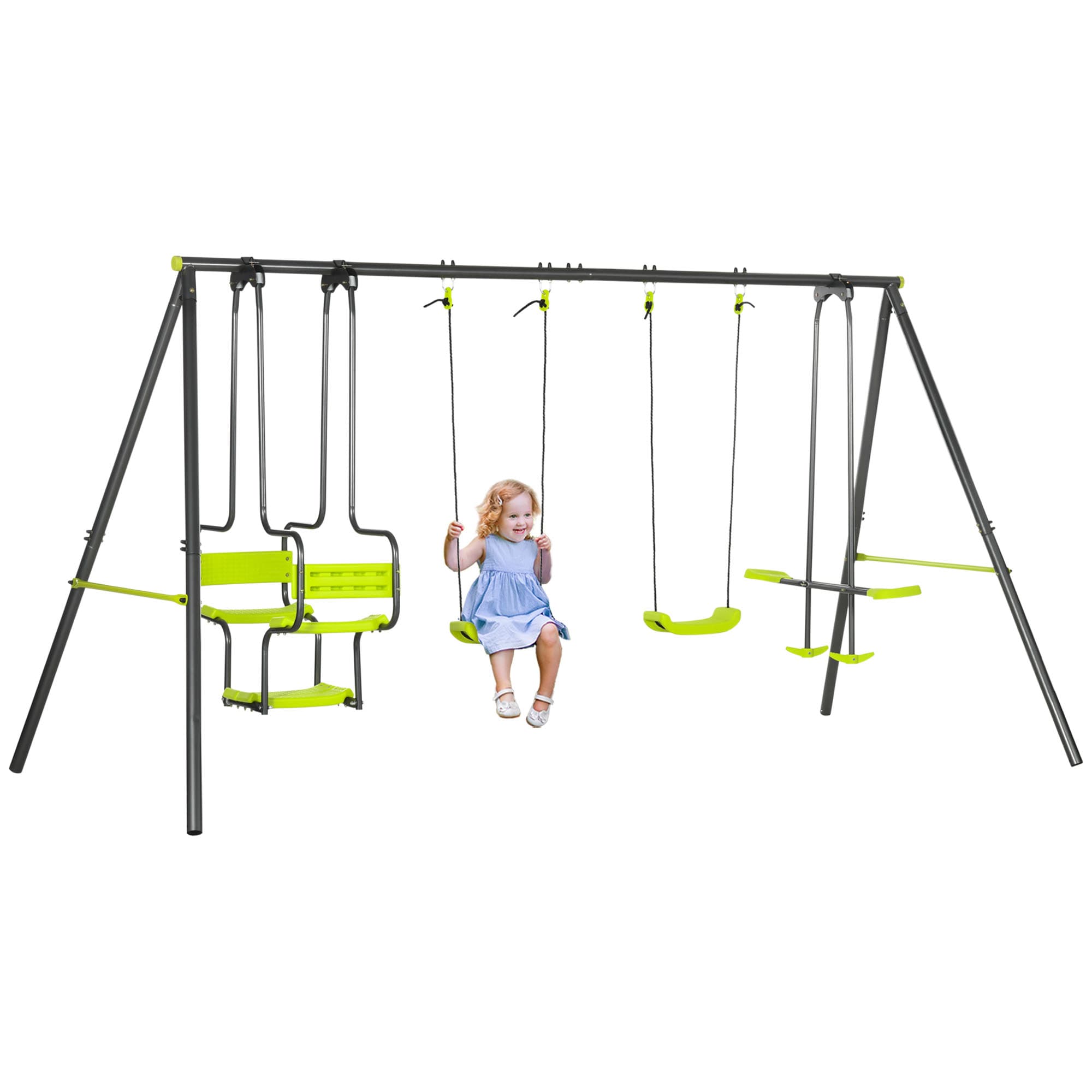 Outsunny Conjunto de Baloiços Infantil com 2 Baloiços Baloiço Duplo e Estrutura de Aço para Crianças de 3-8 Anos 355x184x186 cm Verde   Aosom