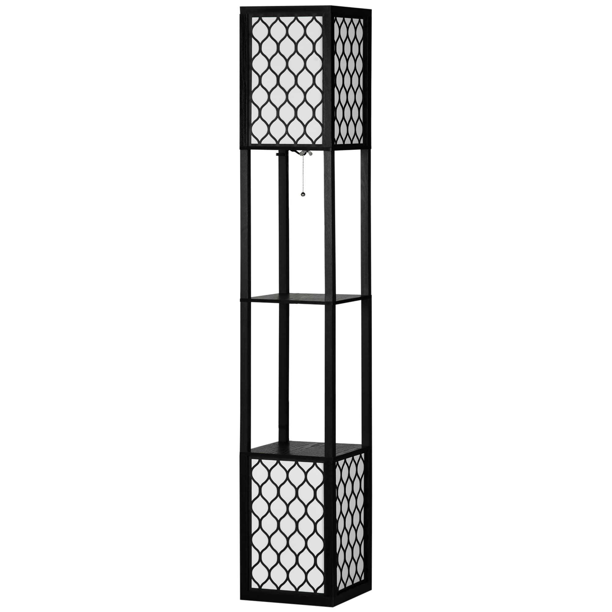 HOMCOM Luminária de Chão Candeeiro Pé Madeira Estantes Lâmpada E27 Máx 40W Interruptor Design Moderno 26x26x156cm Preto Branco   Aosom Portugal