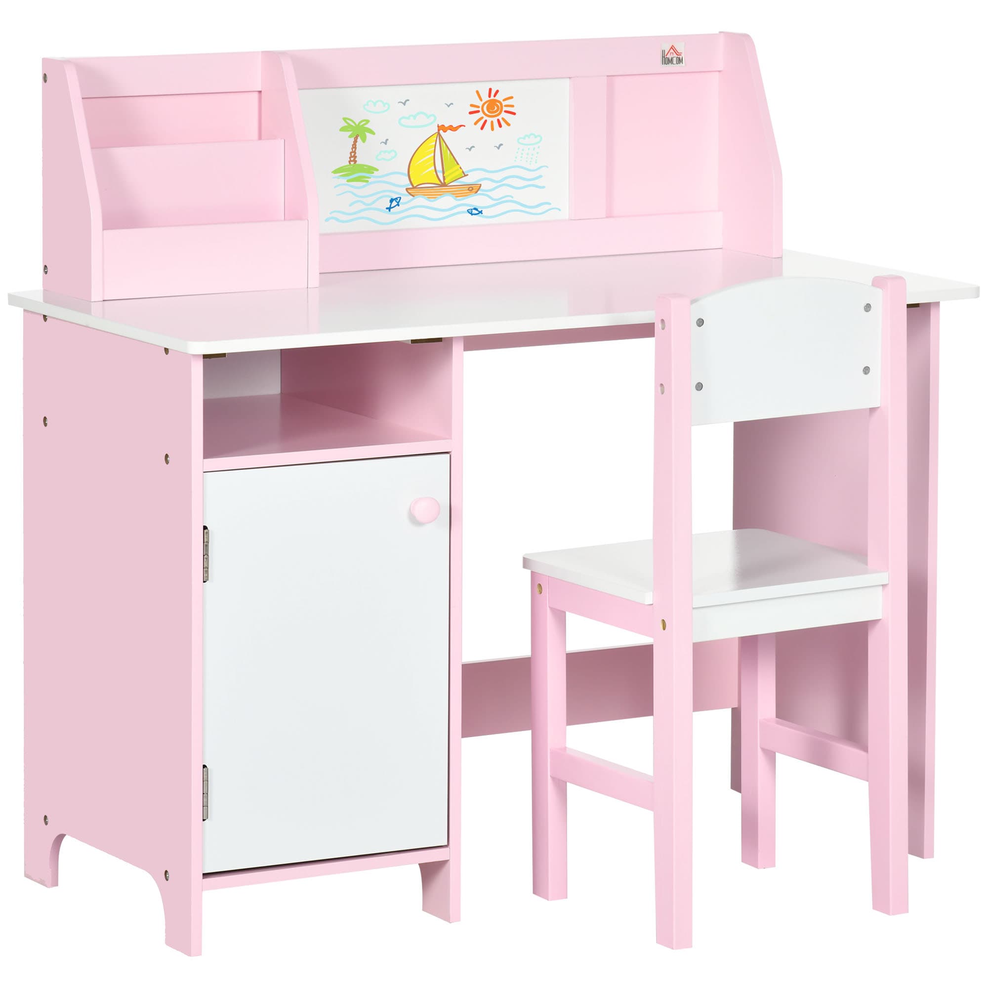 HOMCOM Conjunto de Mesa e Cadeira Infantil de Madeira com Quadro Branco Mesa de Estudo para Crianças acima de 5 Anos 90x45x85cm Rosa   Aosom Portugal