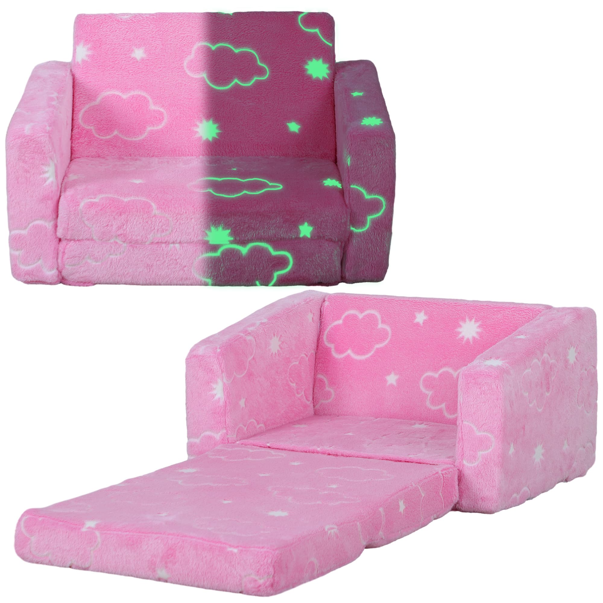 AIYAPLAY Poltrona Crianças Dobrável Reclinável Sofá Estofado Tecido Luminoso Design Nuvens Confortável Rosa   Aosom Portugal