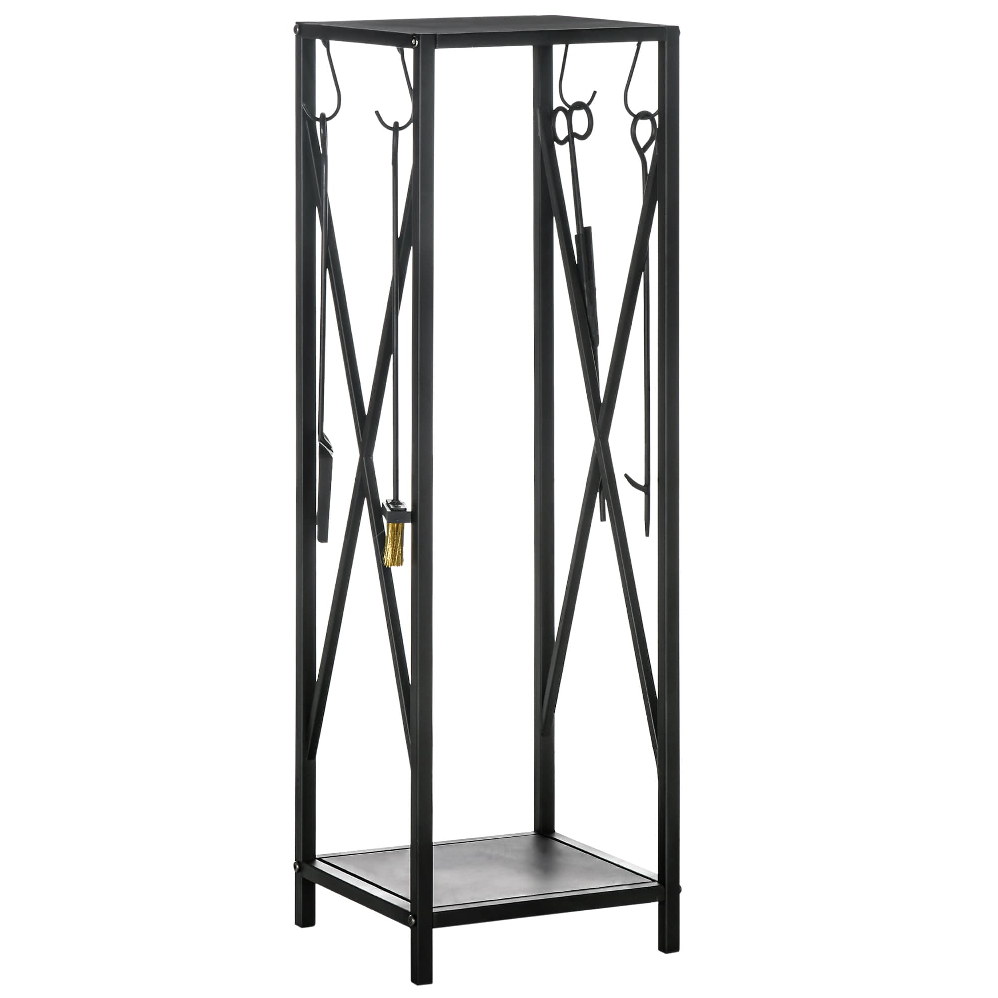Outsunny Suporte Lenha Estante Exterior Lenheiro Ganchos Pá Escova Atiçador Tenaz Carga 60 kg 34x34x111 cm Preto Resistente   Aosom Portugal