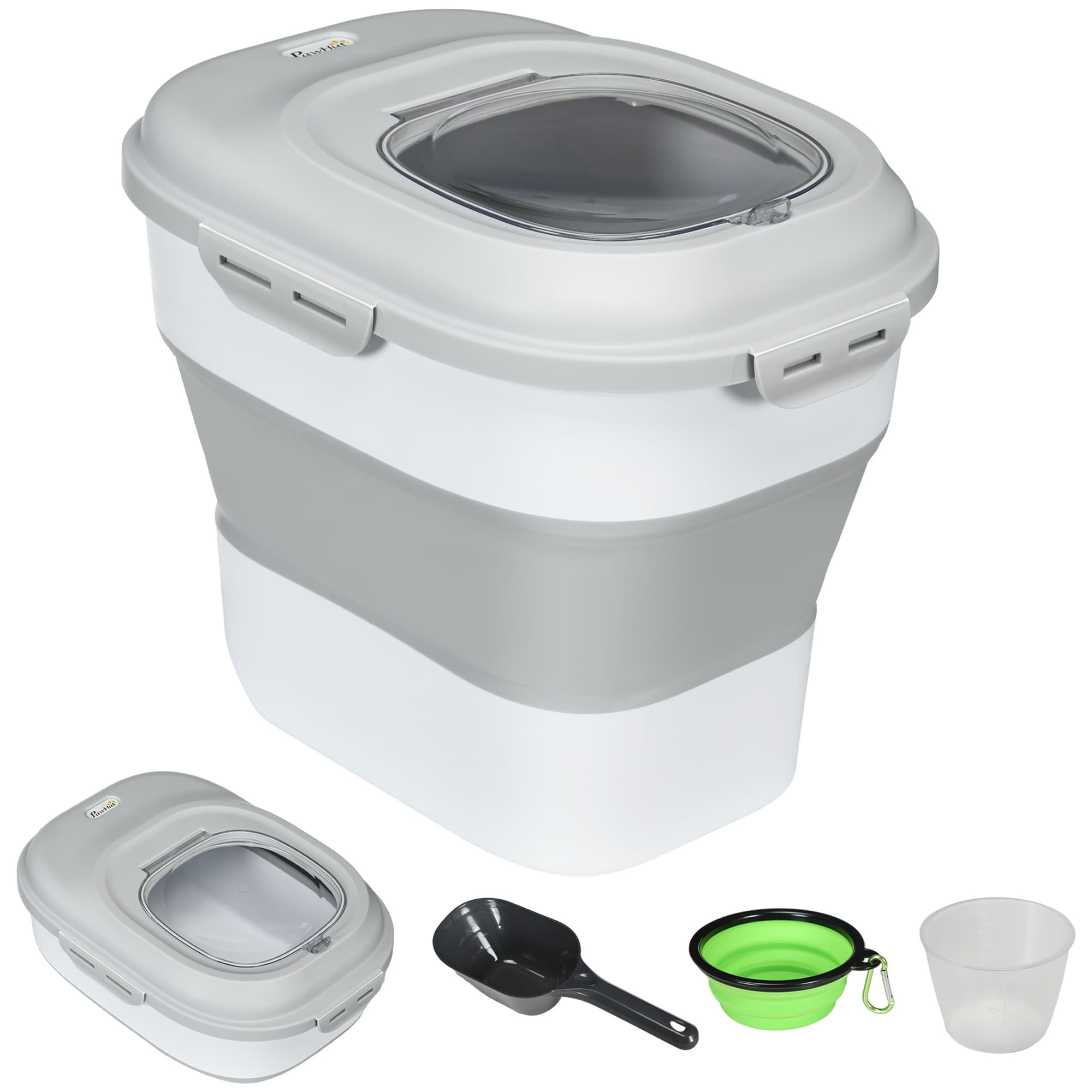 PawHut Recipiente Comida Cães 25L Rodas Copo Medidor Tigela Dobrável Colher Prática Cinza   Aosom Portugal