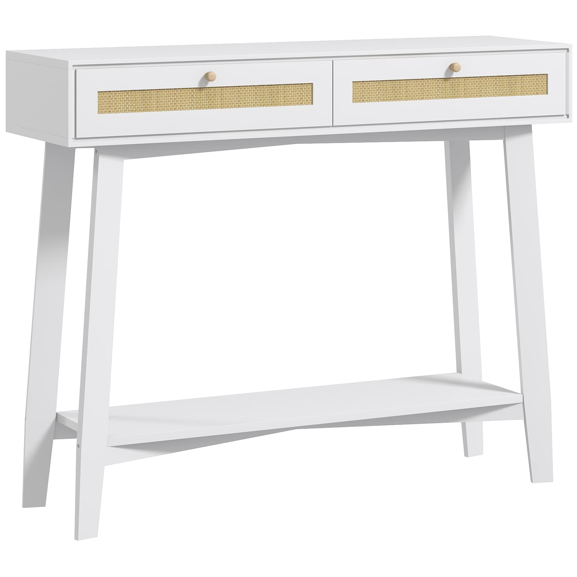 HOMCOM Mesa Consola Entrada 2 Gavetas Design Vime Sala Corredor Espaço Otimizado 100x30x81 cm Branco   Aosom Portugal