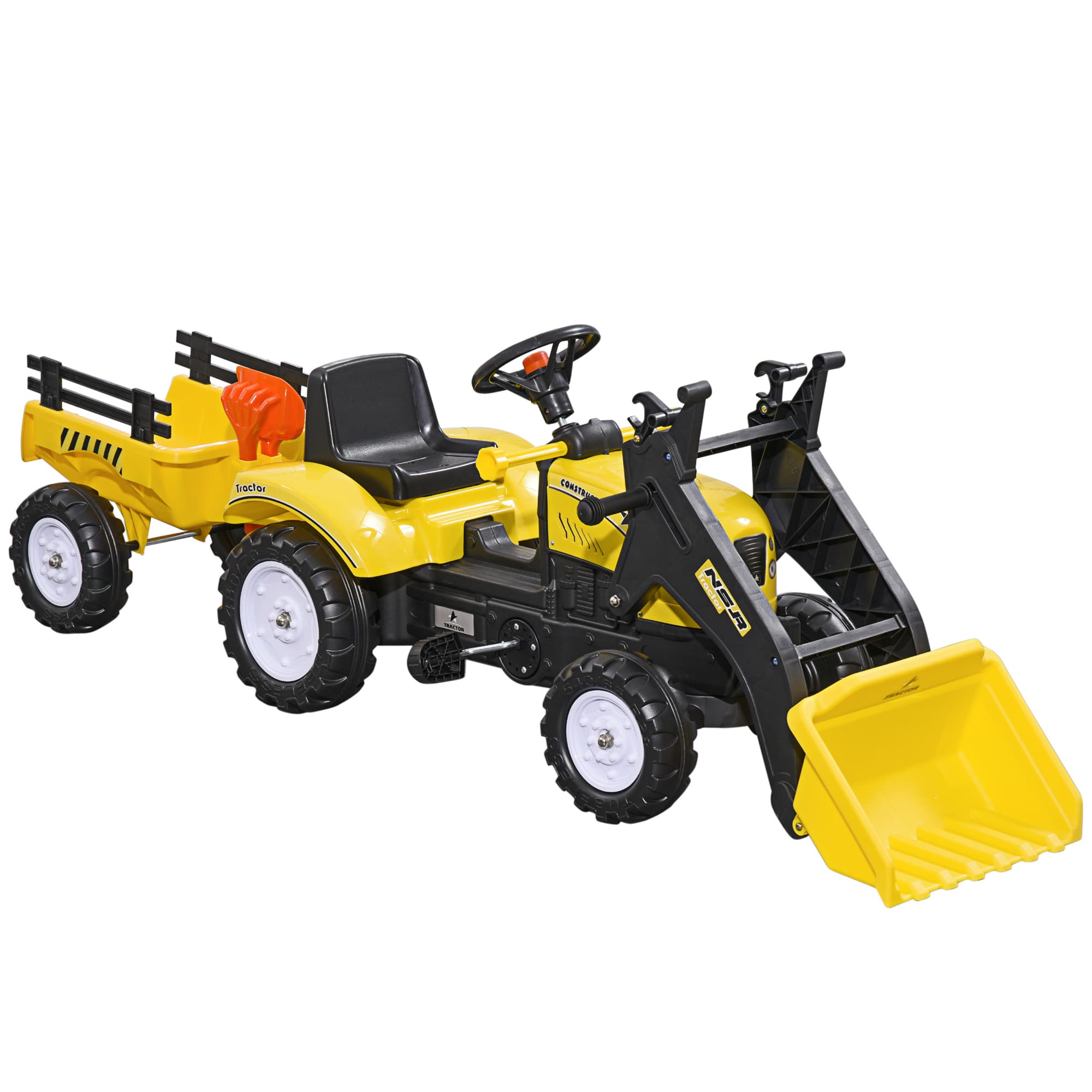 HOMCOM Trator de Brincar a Pedais acima de 3 Anos Trator Infantil com Reboque e Pá Escavadora 167x41x52 cm Amarelo e Preto   Aosom Portugal