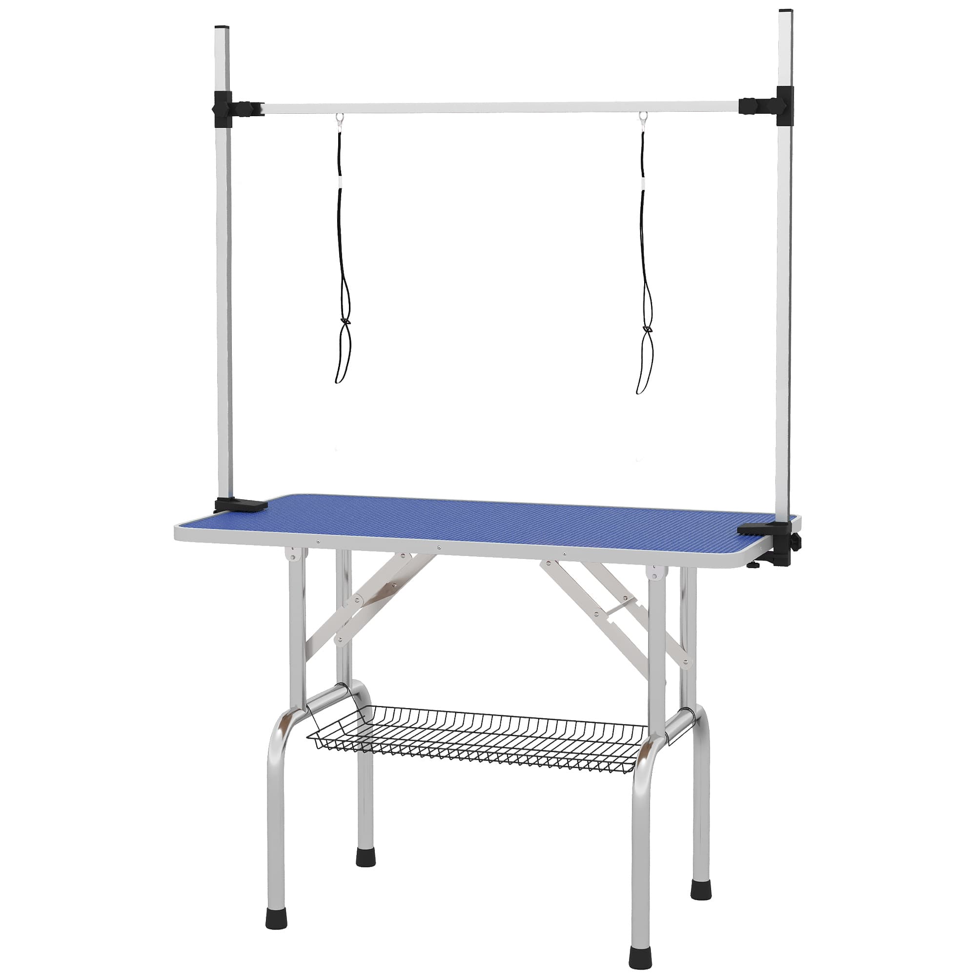 PawHut Mesa Tosquia Cães Dobrável Armazenamento Prateleira Altura Ajustável 20-80 cm 107x60x170 cm Azul Resistente Prática   Aosom Portugal