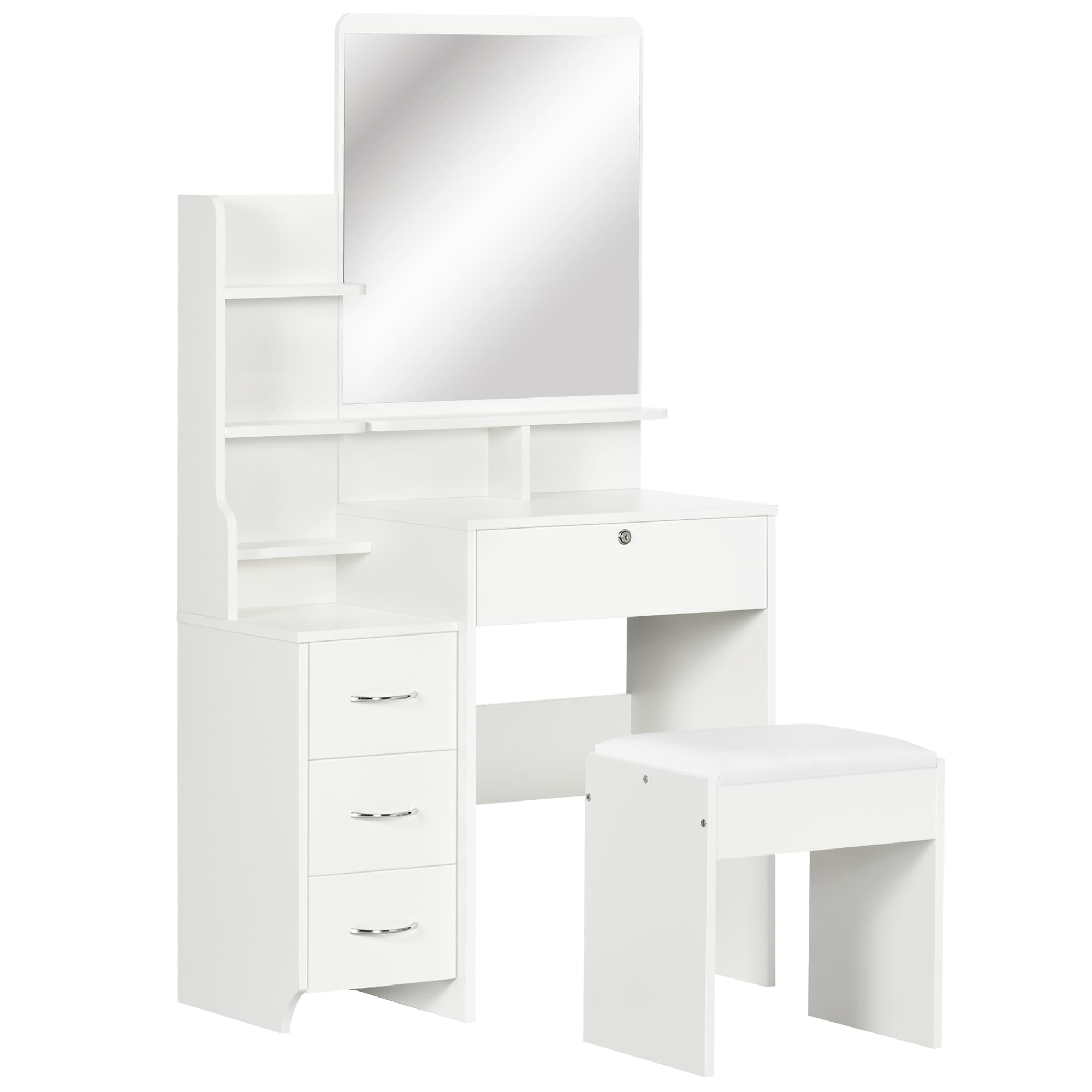 HOMCOM Toucador de Maquilhagem com Banco Espelho 4 Gavetas 4 Compartimentos de Armazenamento Estilo Moderno 80x38x143cm Branco   Aosom Portugal