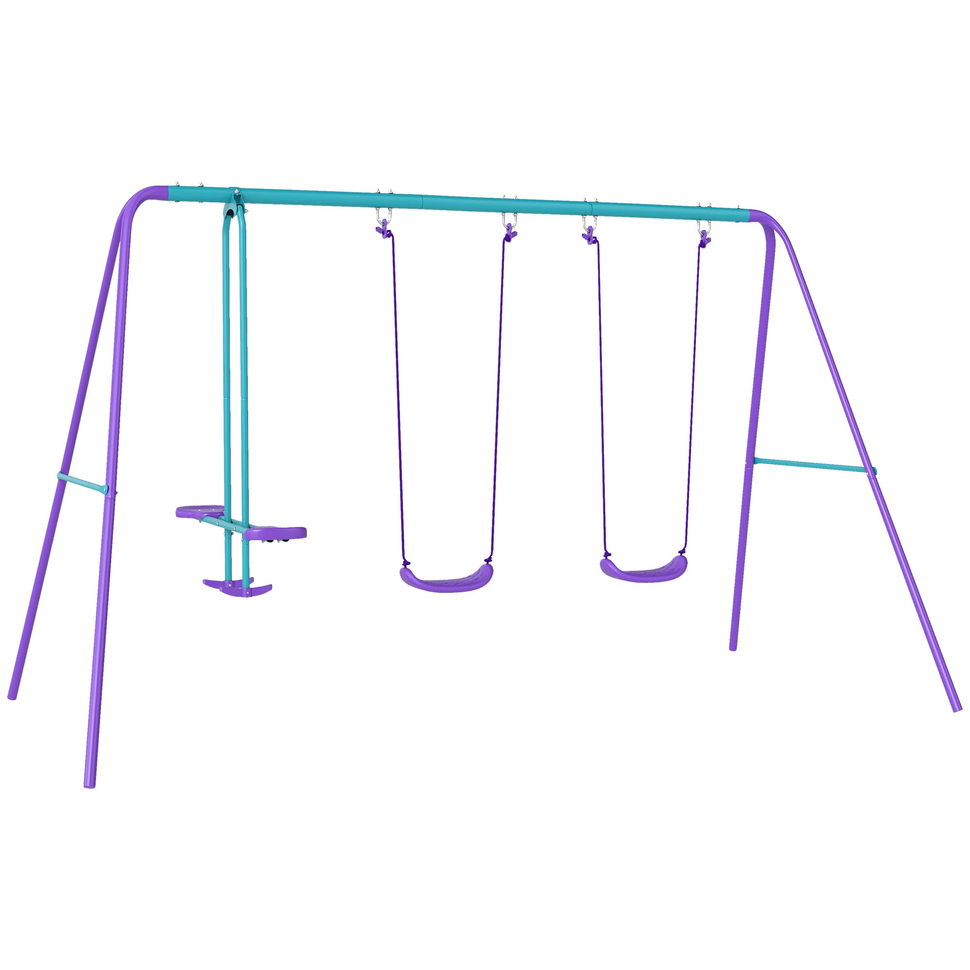 Outsunny Conjunto de Baloiços de Jardim com Altura Ajustável Baloiços para Crianças com Baloiço Duplo  280x140x178 cm Azul e Roxo   Aosom