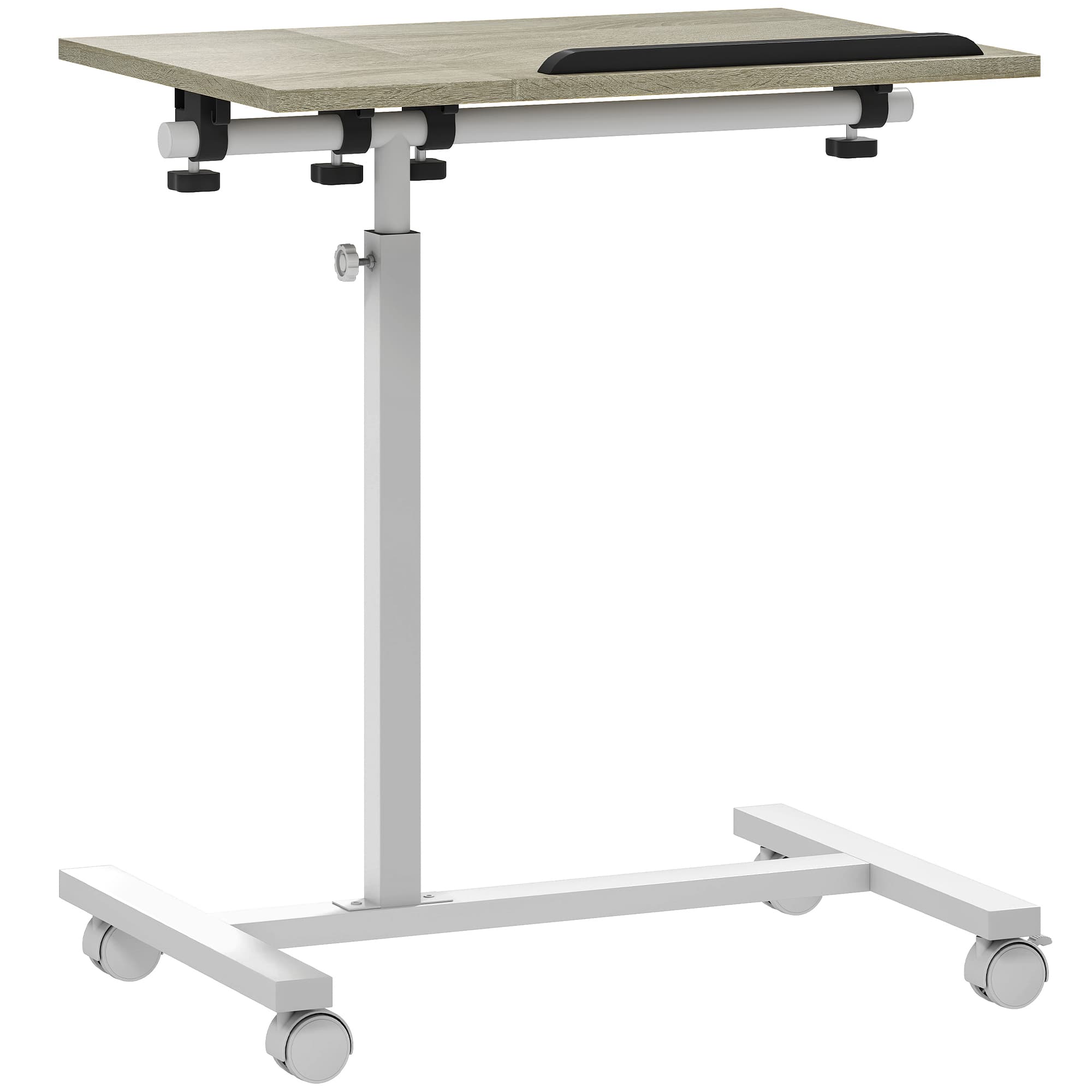 HOMCOM Mesa Auxiliar com Rodas Altura Ajustável Superfície Inclinável e Estrutura de Metal 57x40x67,5-101 cm Carvalho e Branco   Aosom Portugal