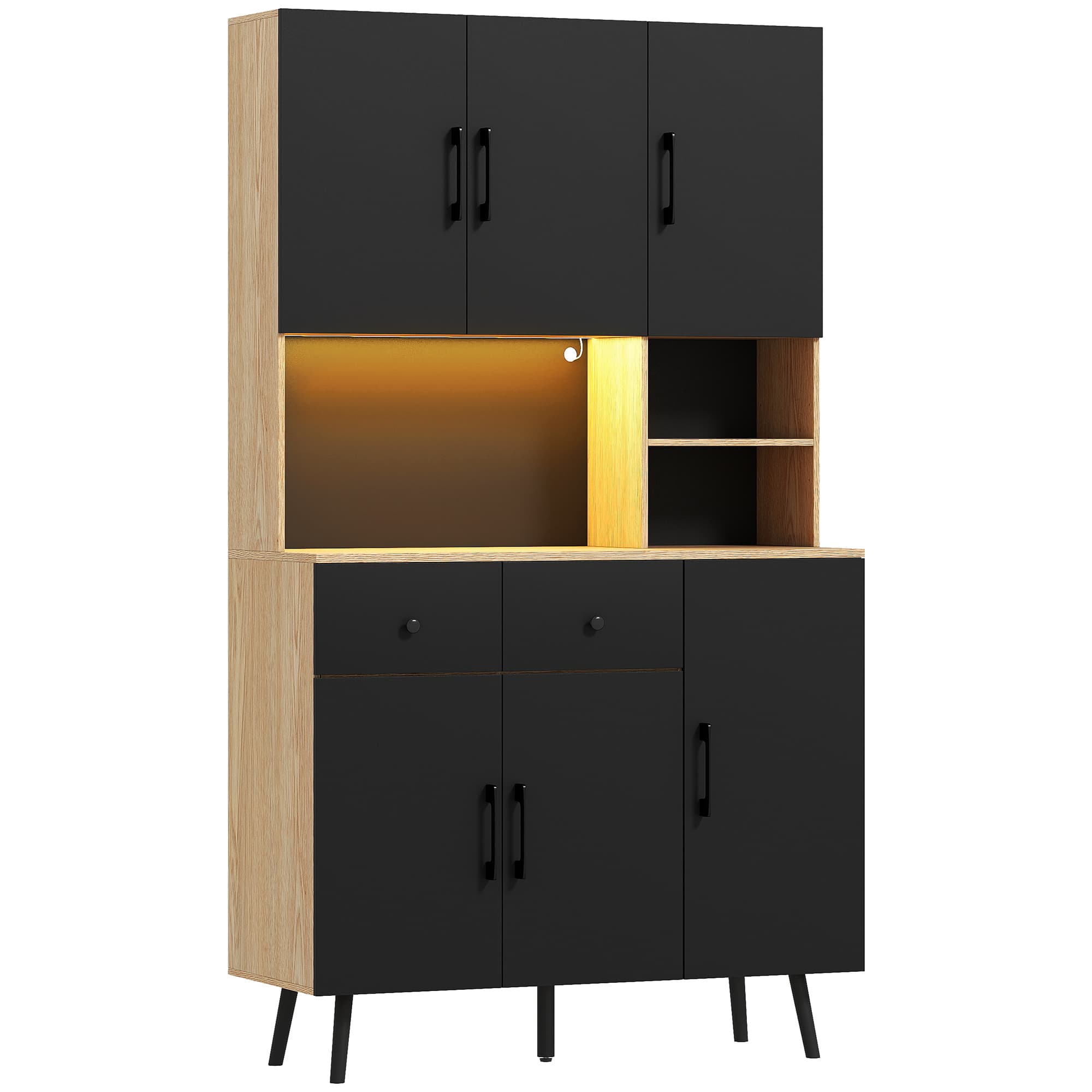 HOMCOM Armário de Cozinha Alto com Luzes LED RGB com 6 Portas 2 Gavetas Bancada 100x40x176 cm Preto e Madeira   Aosom Portugal