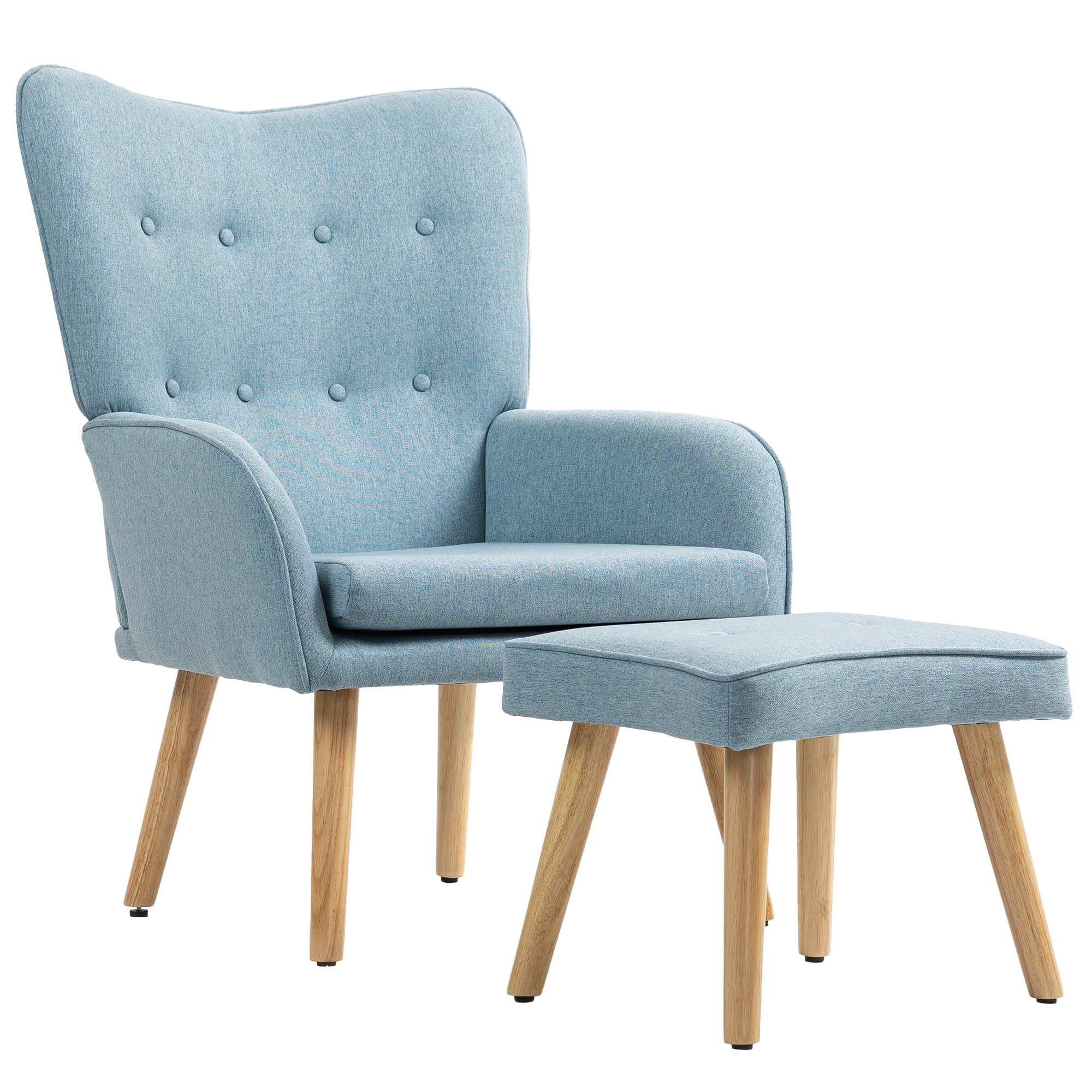 HOMCOM Poltrona com Apoio para Pés Poltrona de Leitura com Capitonê Pés de Madeira e Revestimento em Linho 70x72x94 cm Azul Claro   Aosom Portugal