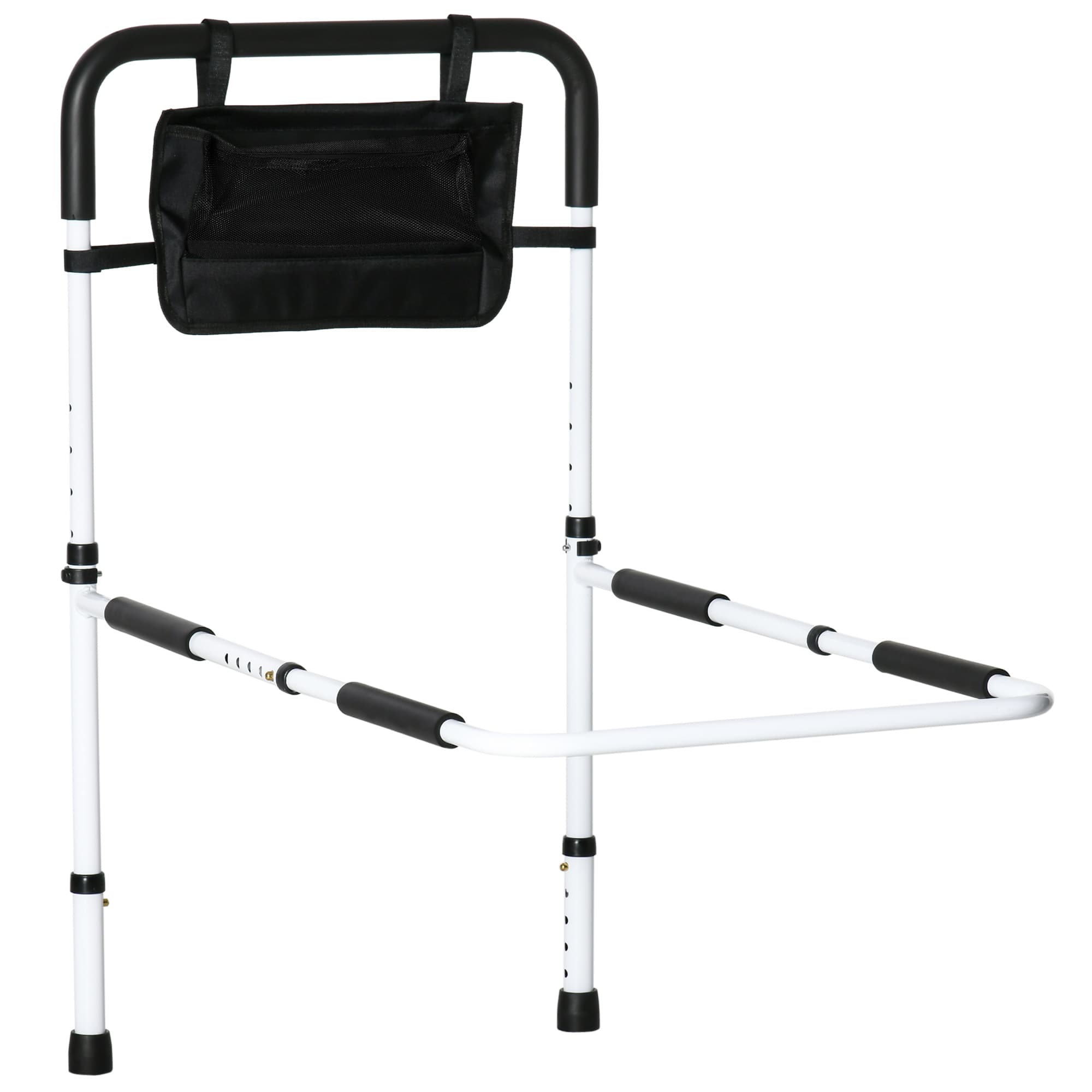 HOMCOM Barra de Apoio para Cama com Pés Proteção Ajustável 5 Alturas Bolso de Armazenamento 52x85-95x71-102 cm Branco Preto   Aosom Portugal