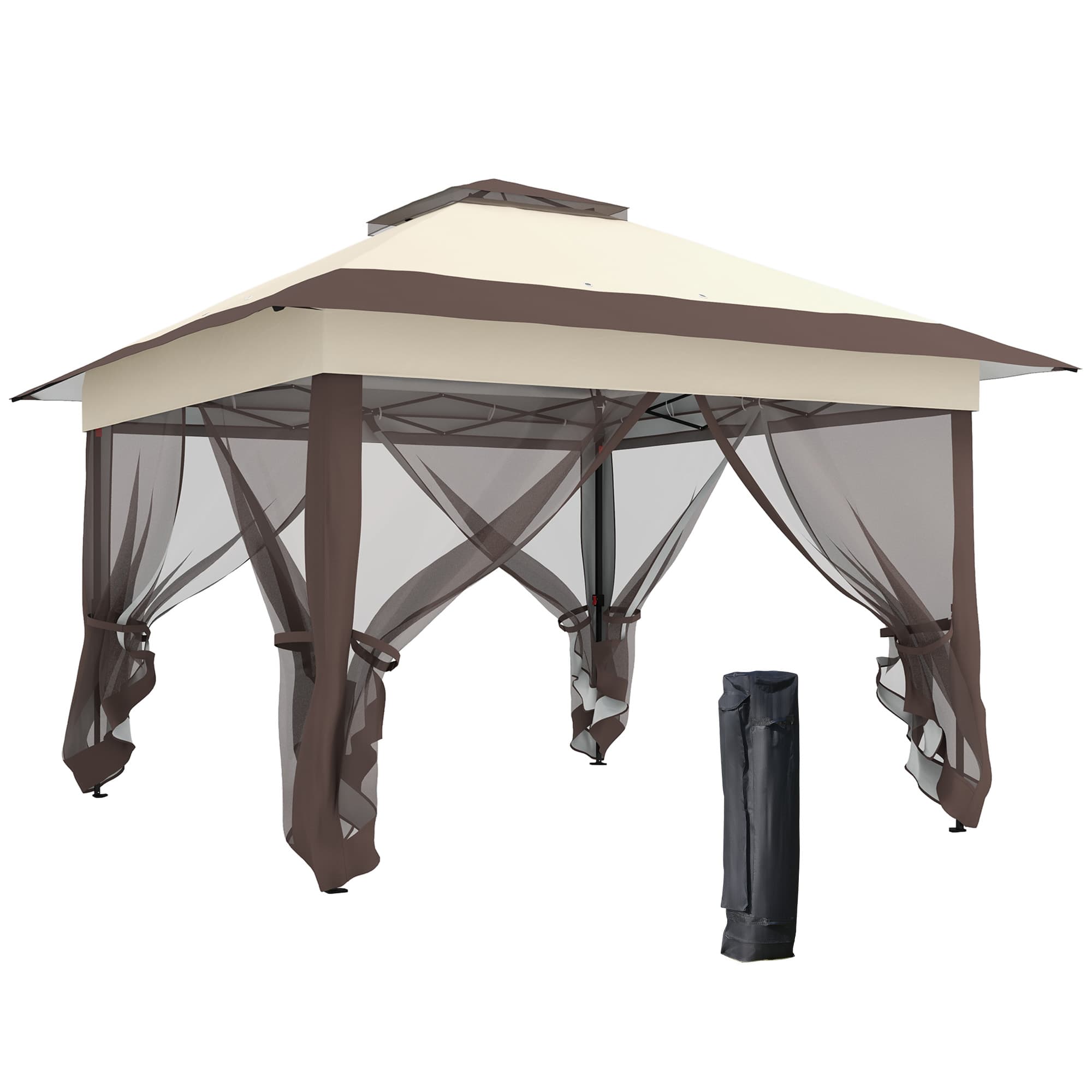 Outsunny Tenda Pavilhão de Jardim Pop-Up Dobrável Metal Poliéster Mosquiteiros Saco de Transporte com Rodas Kaki Marrom   Aosom Portugal