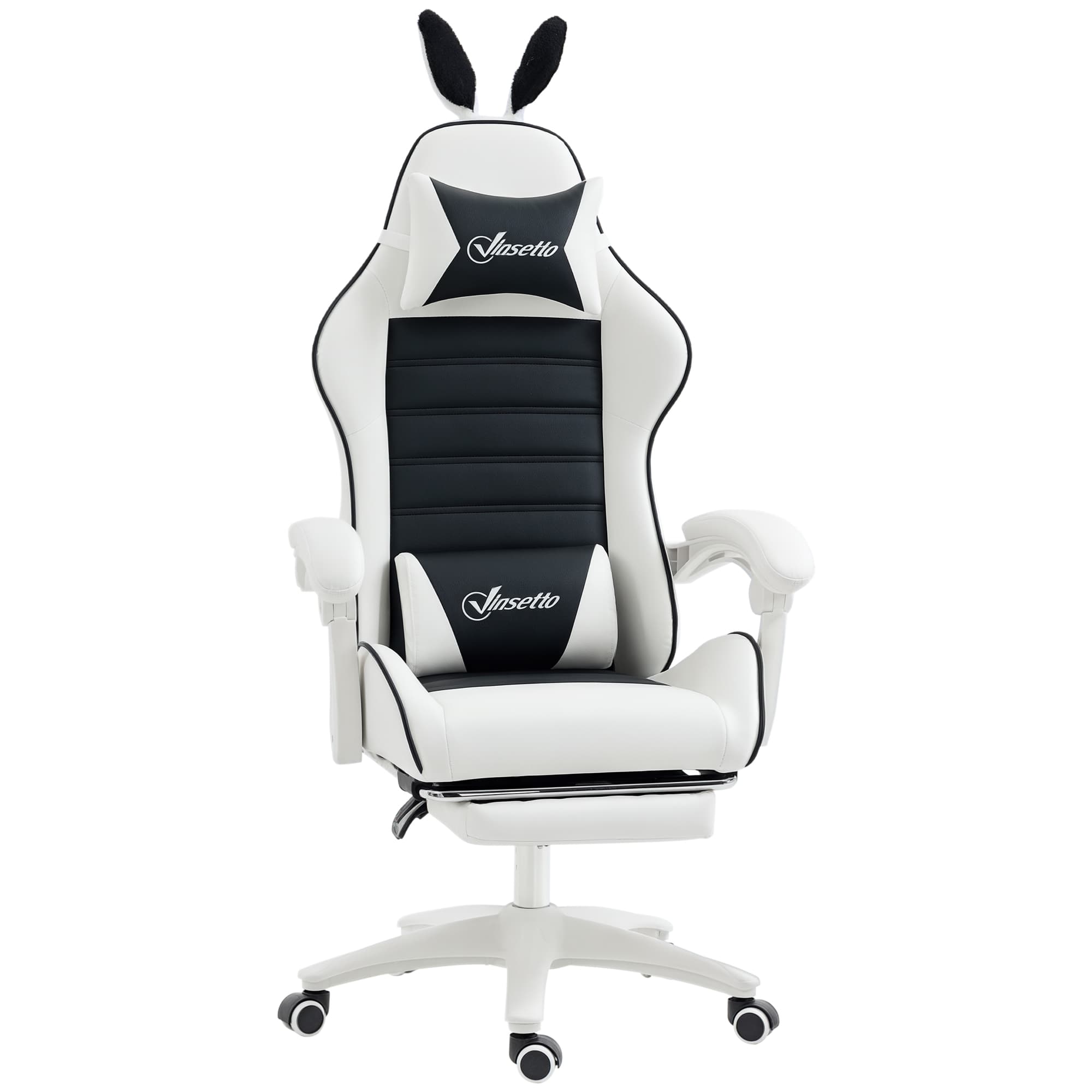 Vinsetto Cadeira Gaming Giratória de Couro PU com Altura Ajustável Inclinável 135° Apoio para a Cabeça 65x63x136-142cm Branco e Preto   Aosom