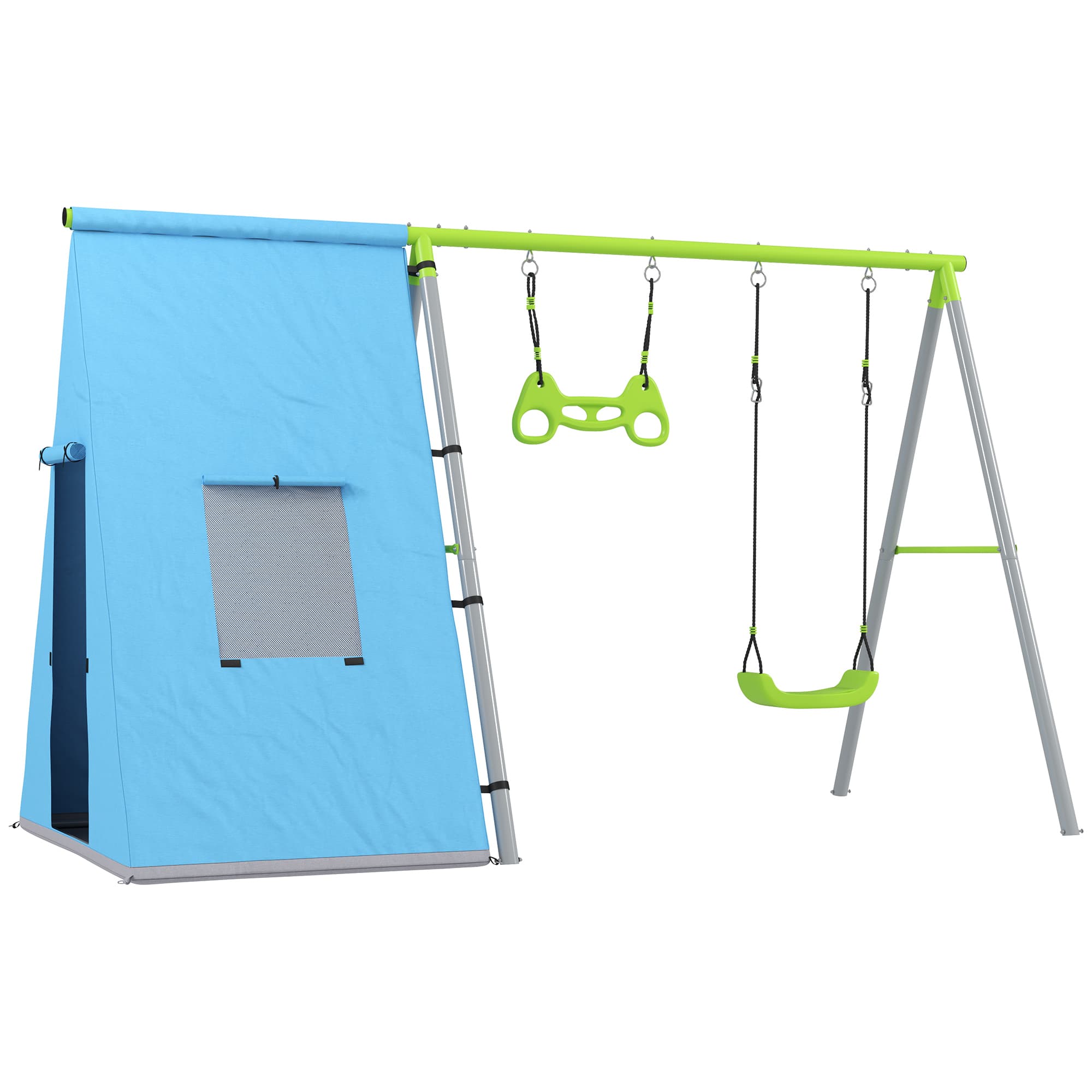 AIYAPLAY Baloiço para Crianças 3 em 1 Baloiço para Jardim Exterior com Baloiço Anéis de Ginástica e Tenda 283x180x182 cm Verde   Aosom Portugal