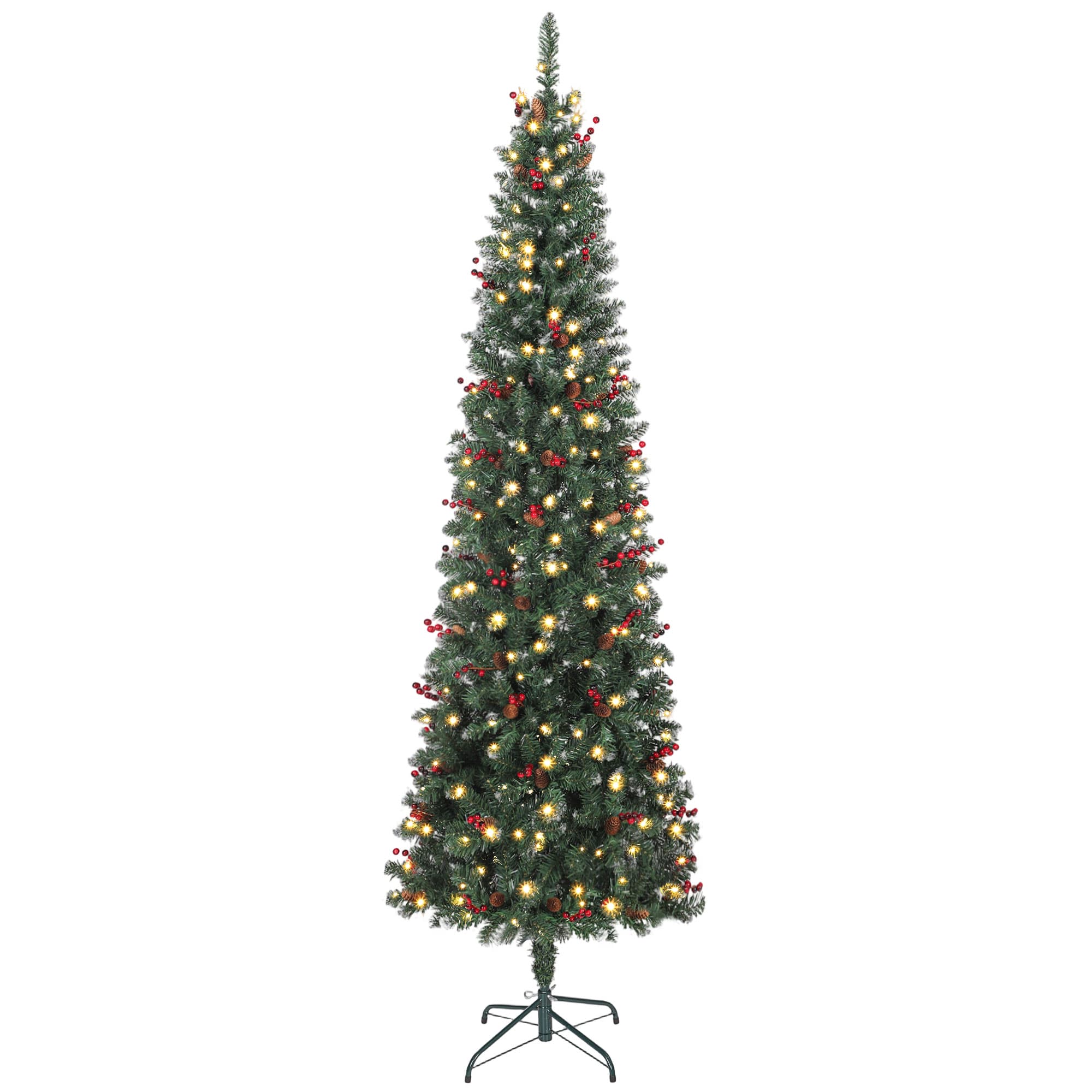 HOMCOM Árvore Natal Slim 230 cm com Luzes LED 8 Modos de Iluminação 761 Ramos com Purpurina Prateada Pinhas e Bagas Verde   Aosom Portugal