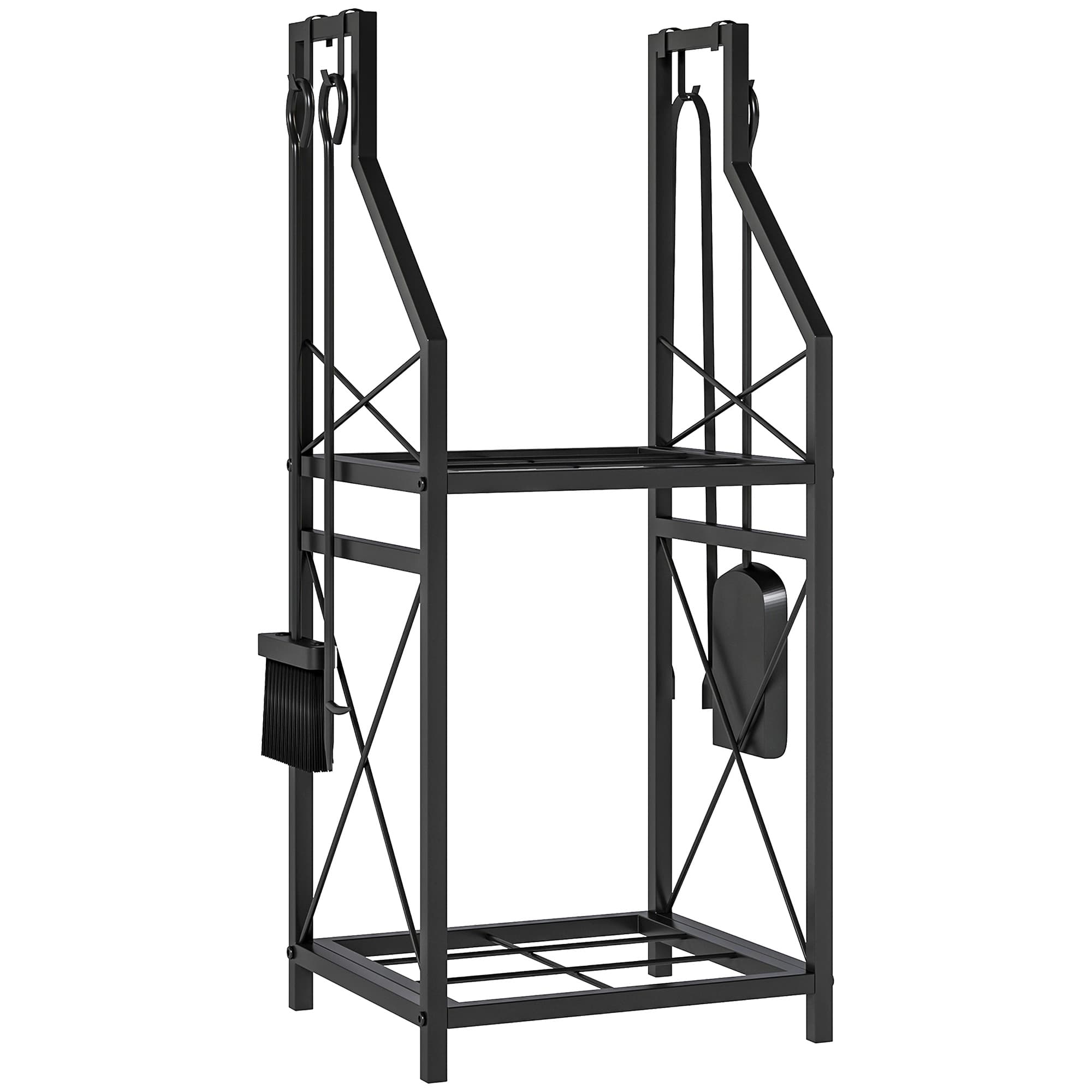 Outsunny Suporte Metálico para Lenha 2 Níveis com 4 Ferramentas Ganchos e Base Elevada para Interior e Exterior 34x30x80 cm Preto   Aosom Portugal