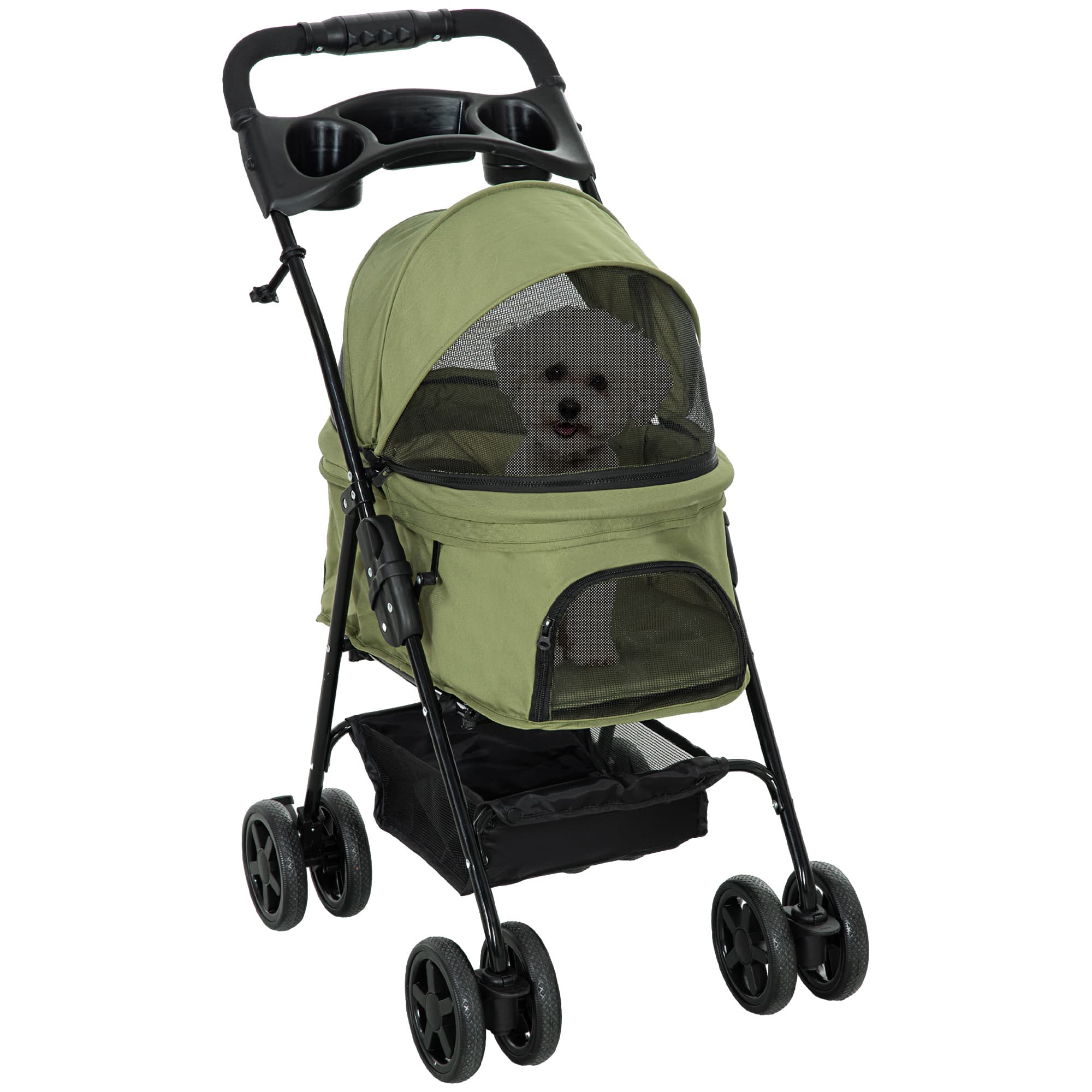 PawHut Carrinho de Passeio para Animais de Estimação Dobrável 4 Rodas Tecido Oxford 300D Cesto e Porta-copos Verde   Aosom Portugal