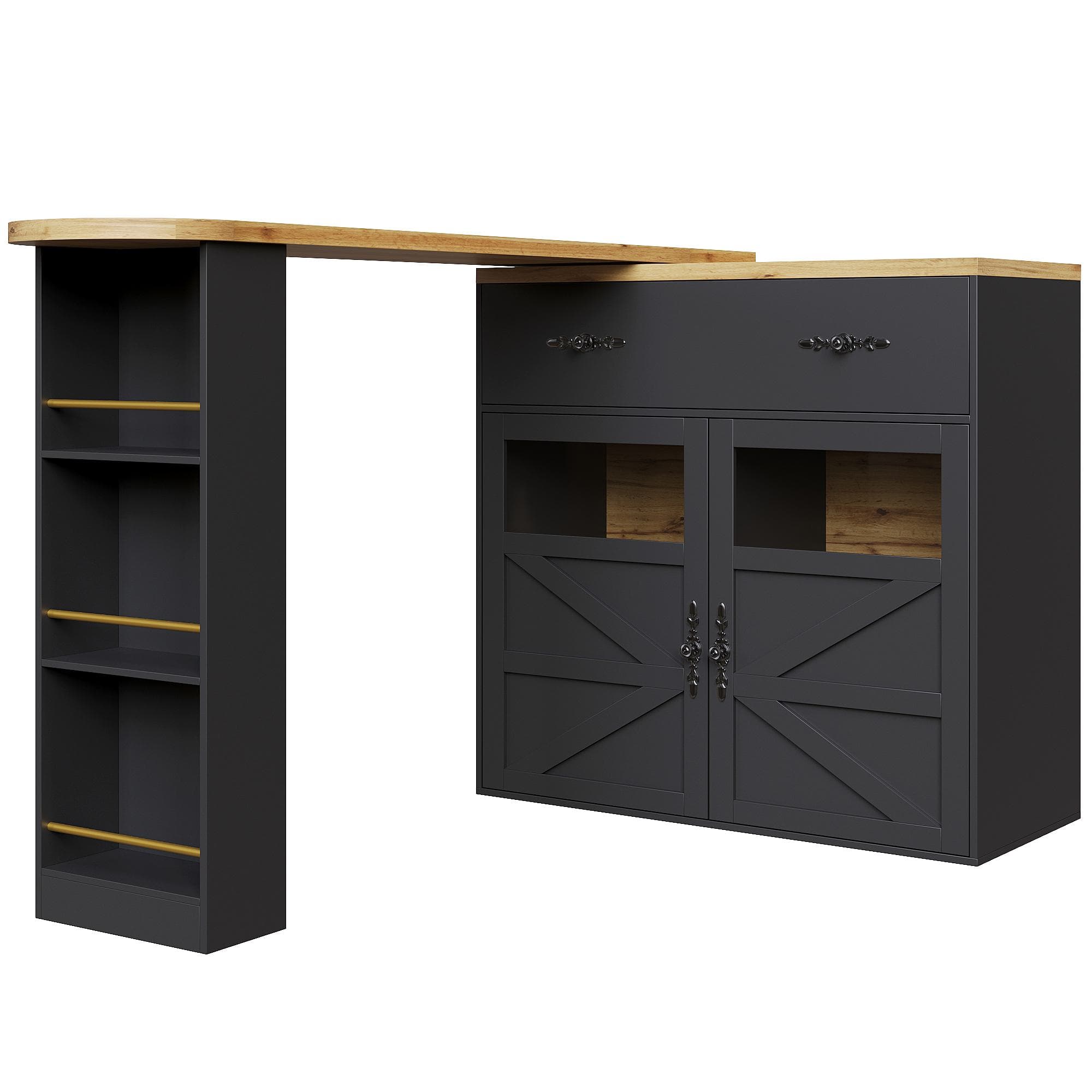 Mesa de bar extensível com arrumação e função giratória 360°, 138-204x39x104 cm, Preto