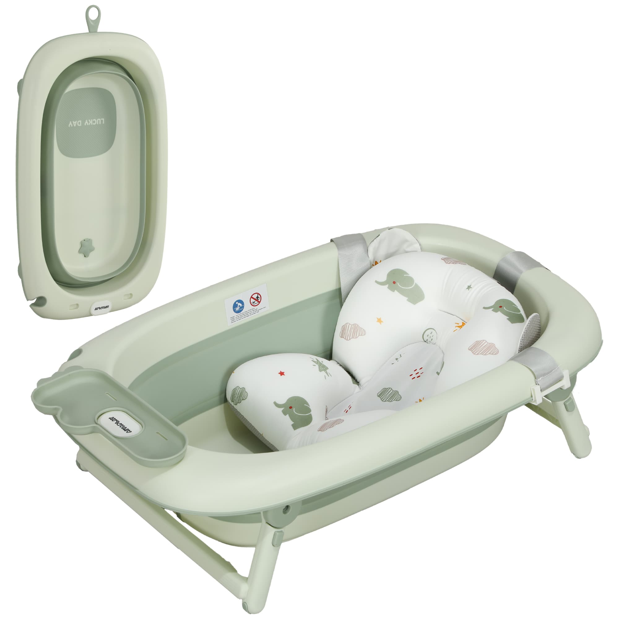 AIYAPLAY Banheira Dobrável Bebé com Almofada de Banho Suporte Orifício de Drenagem e de Chuveiro 86x53x25,5 cm Verde   Aosom Portugal