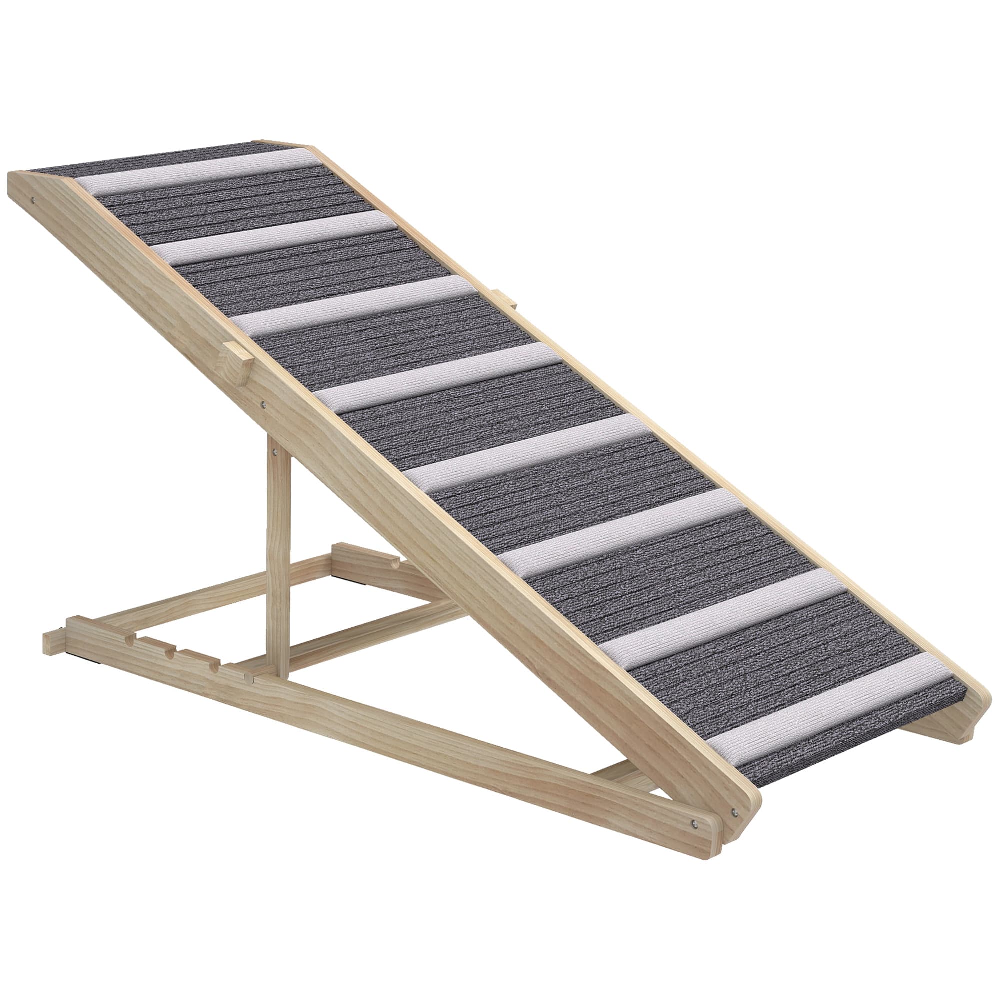 PawHut Rampa para Cães Dobrável com Altura Ajustável 41-60 cm e Tapete Antiderrapante 120x50x60 cm Madeira e Cinza   Aosom Portugal