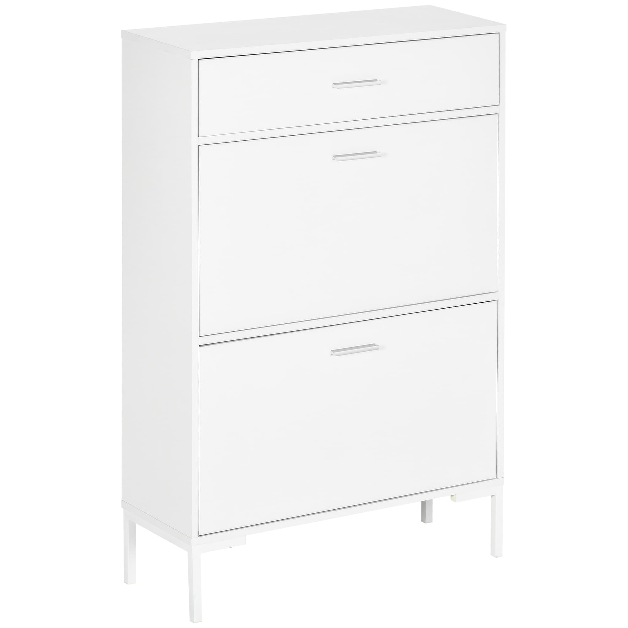 HOMCOM Móvel para 12 Pares de Sapatos Armário Estreito 2 Gavetas Basculantes e 1 Gaveta 75x26x110 cm Branco   Aosom Portugal