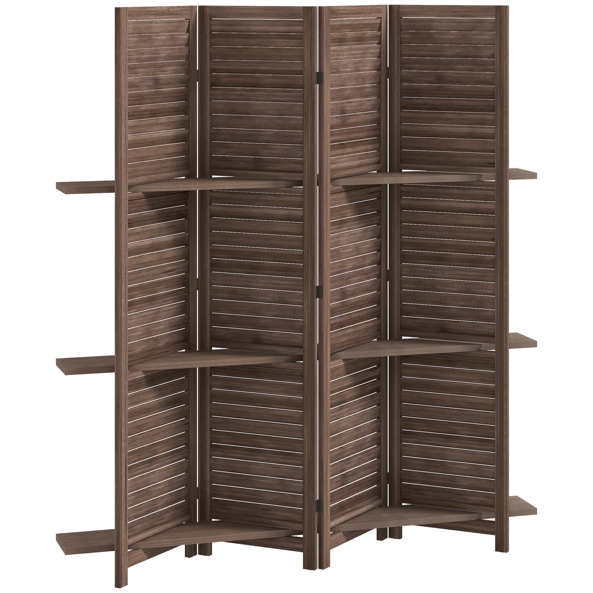 HOMCOM Biombo Interior em Madeira 4 Painéis 160x170 cm Separador de Ambiente Dobrável com 3 Prateleiras Nogueira   Aosom Portugal
