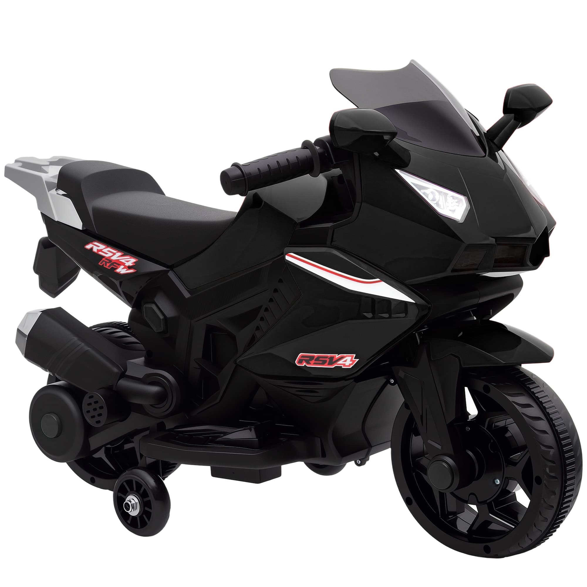 AIYAPLAY Moto Elétrica para Crianças Moto a Bateria 6 V com Efeitos Luminosos e Sonoros Rodas de Treino 75x36x49cm Preto   Aosom Portugal