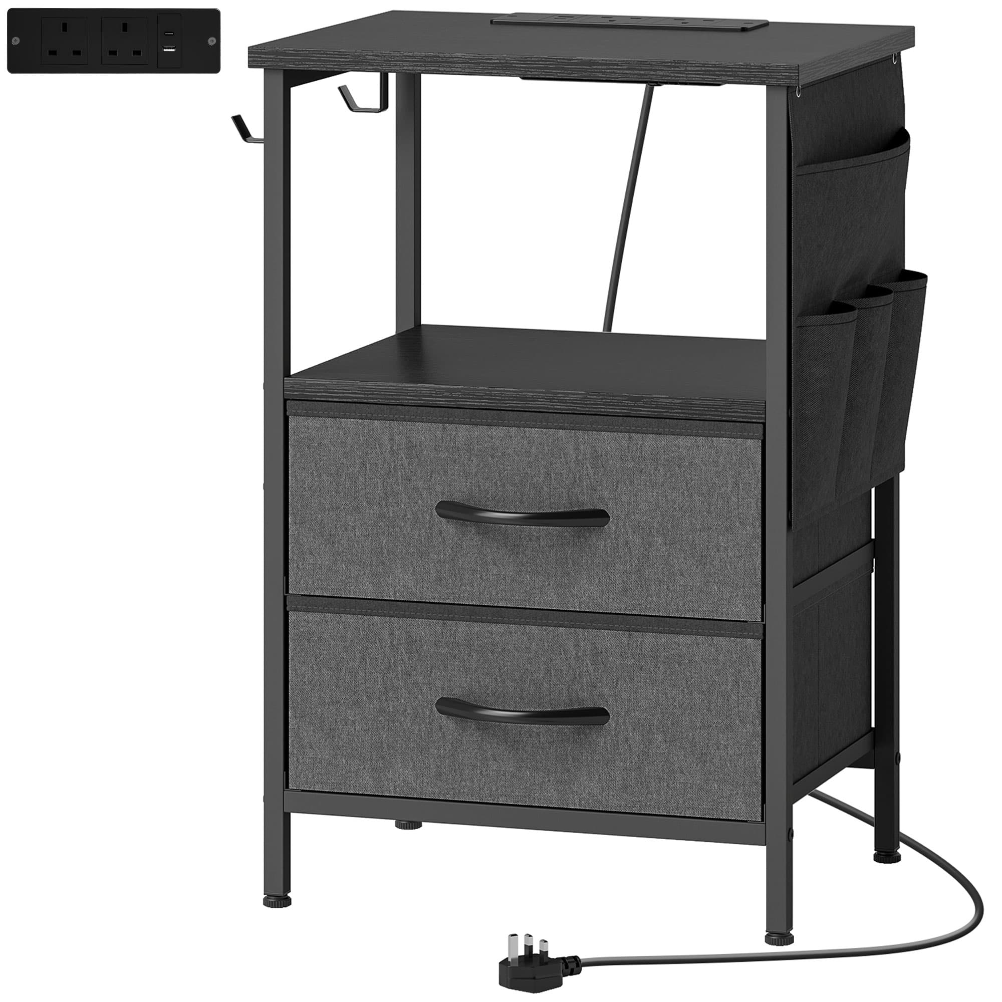 HOMCOM Mesa de Apoio com Estação de Carregamento, Estrutura de Aço, USB-C, Gavetas, Ganchos, 40cm x 30cm x 60cm Preto   Aosom Portugal