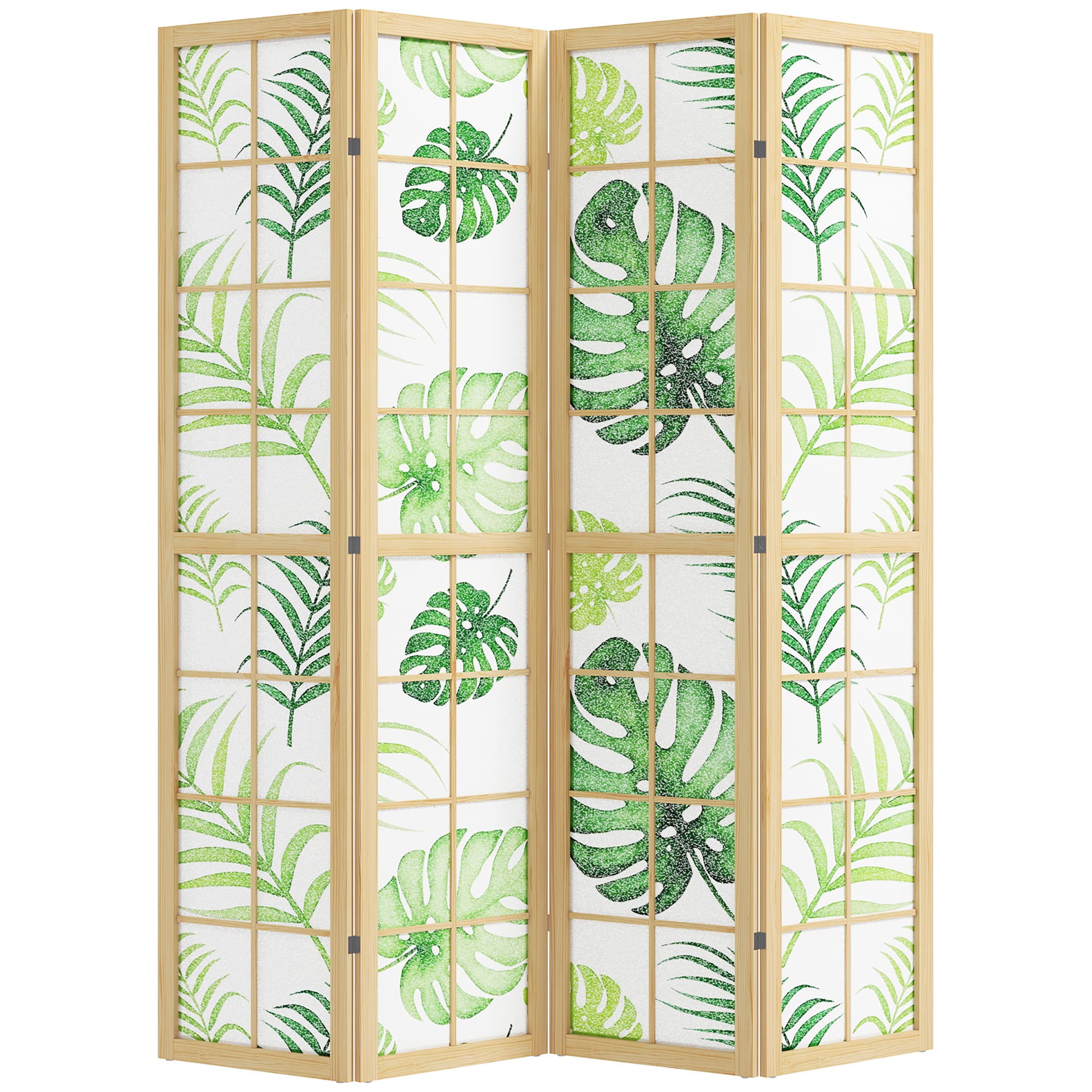 HOMCOM Separador de ambientes 4 peças, dobrável, design boho, motivo tropical, separador independente, estrutura de madeira, verde   Aosom Portugal
