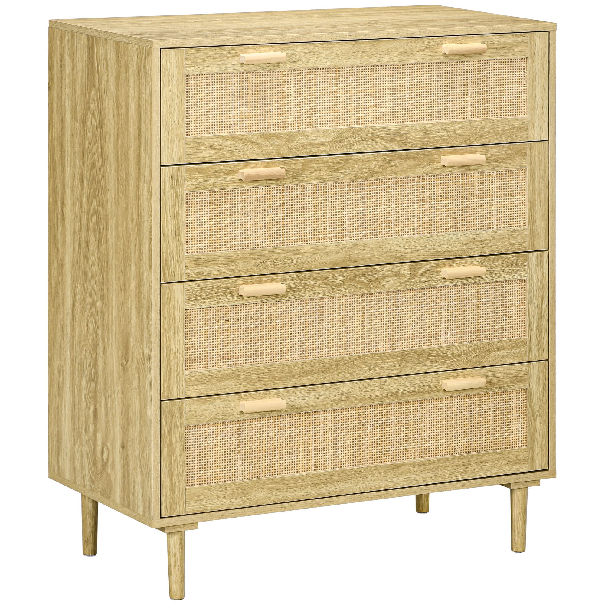HOMCOM Cômoda 4 gavetas móvel de arrumação frente em trançado de rattan estilo boêmio dim. 90l x 45P x 108,5H cm Aspeto Madeira Clara   Aosom
