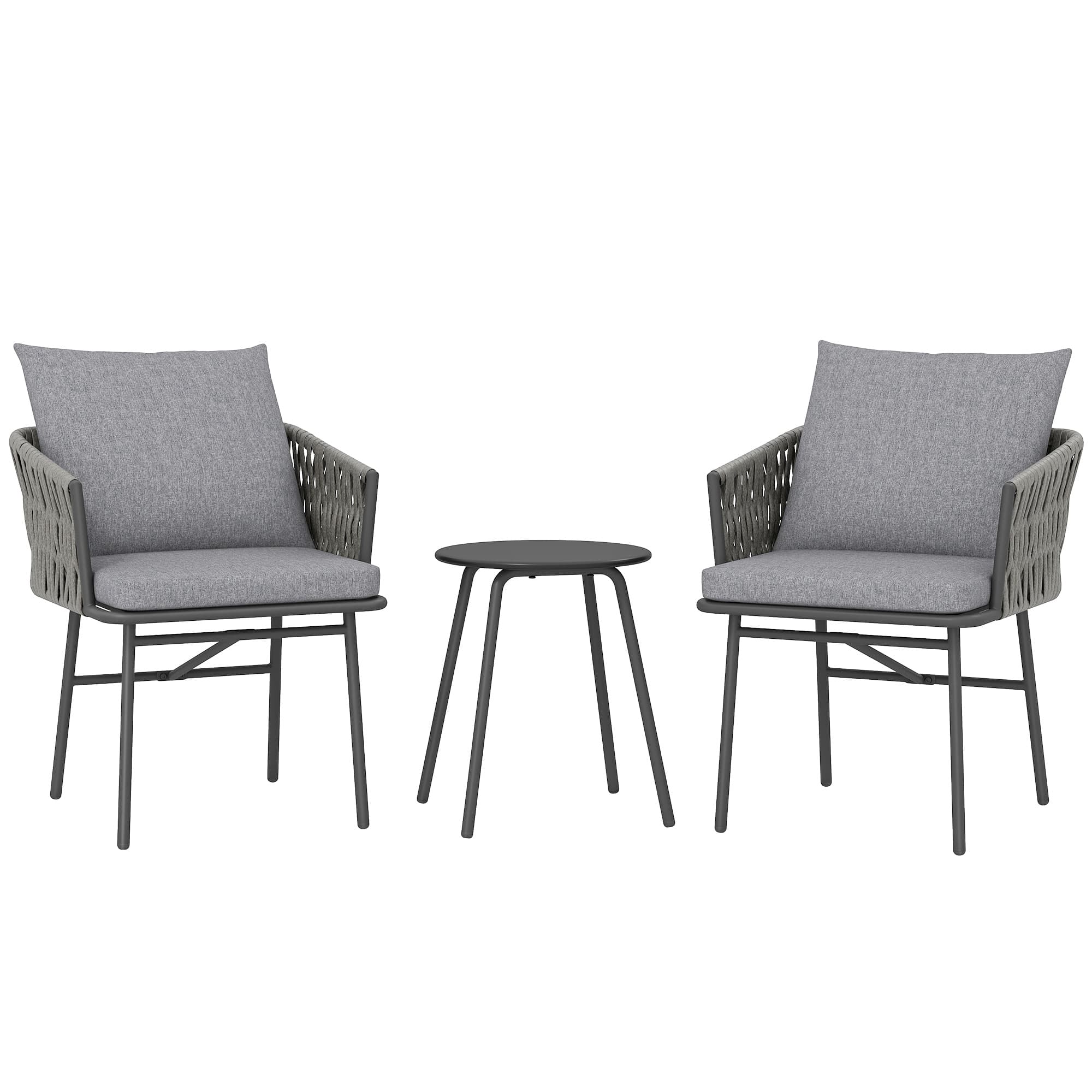 Outsunny Conjunto de móveis exteriores 3 peças, 2 cadeiras, 1 mesa, conjunto bistrô, rattan sintético, estrutura de aço, mesa metálica, 4