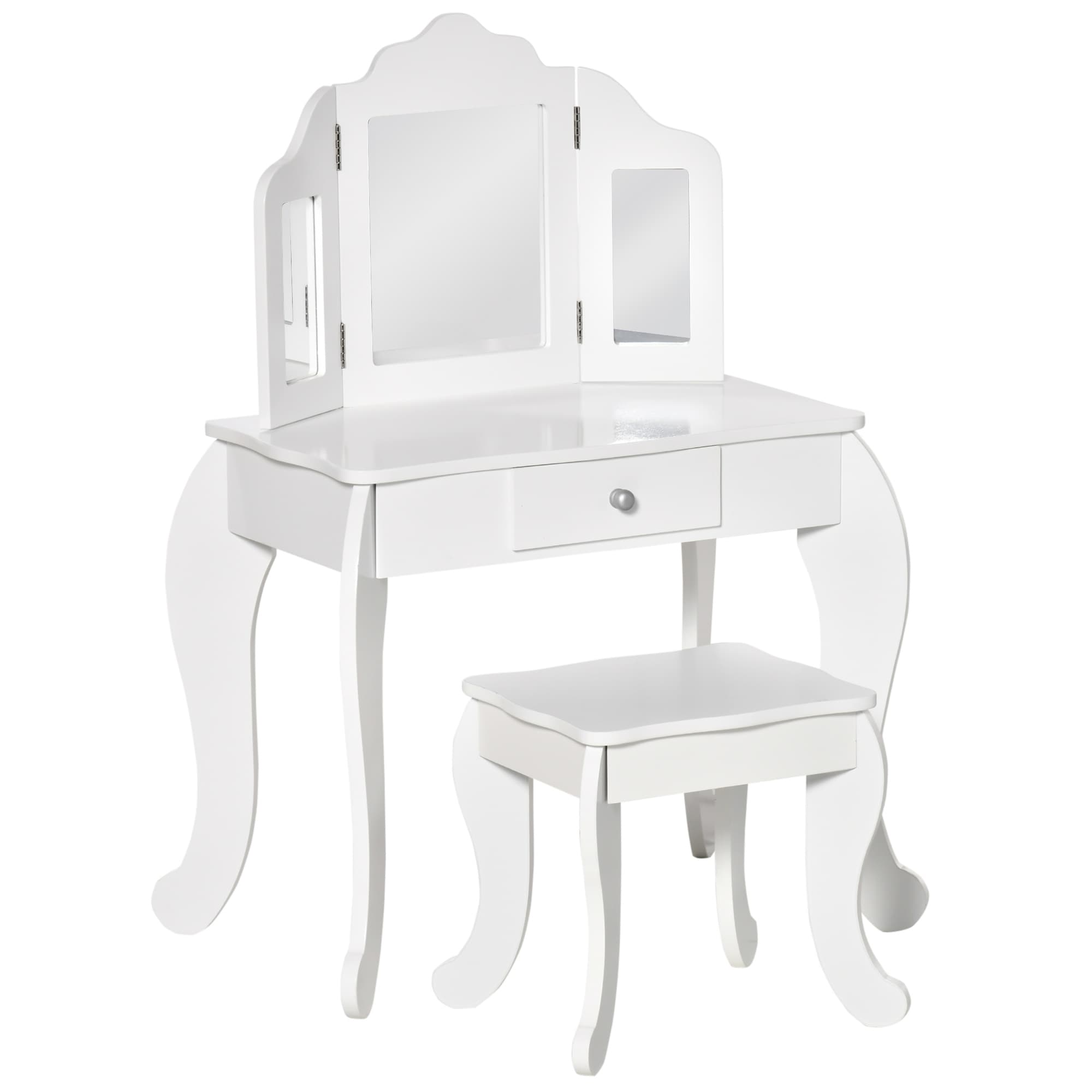 HOMCOM Penteadeira Infantil com Banqueta, Penteadeira 2 em 1 com Espelho Triplo e Gaveta Deslizante - Dim. 63L x 40l x 85,5H cm - Branco Acrílico  