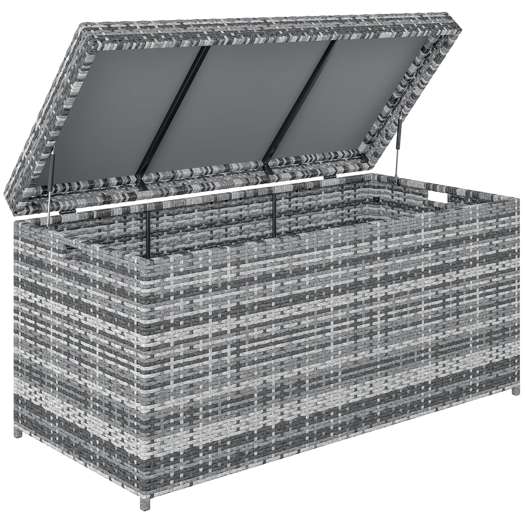 Outsunny Caixa de arrumação em rattan 380 L resistente às intempéries com tampa, armazenamento resistente aos UV 130 x 61 x 65 cm Cinza escuro  