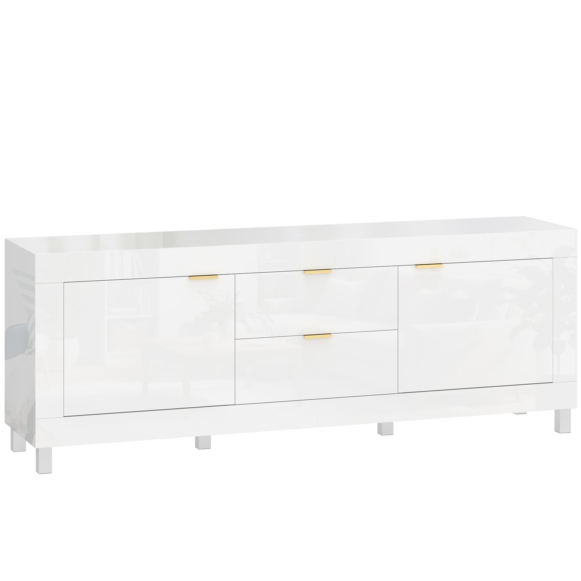 HOMCOM Móvel para TV para televisores de até 190,5 cm, centro de entretenimento moderno com 2 armários e 2 gavetas, Branco alto brilho   Aosom