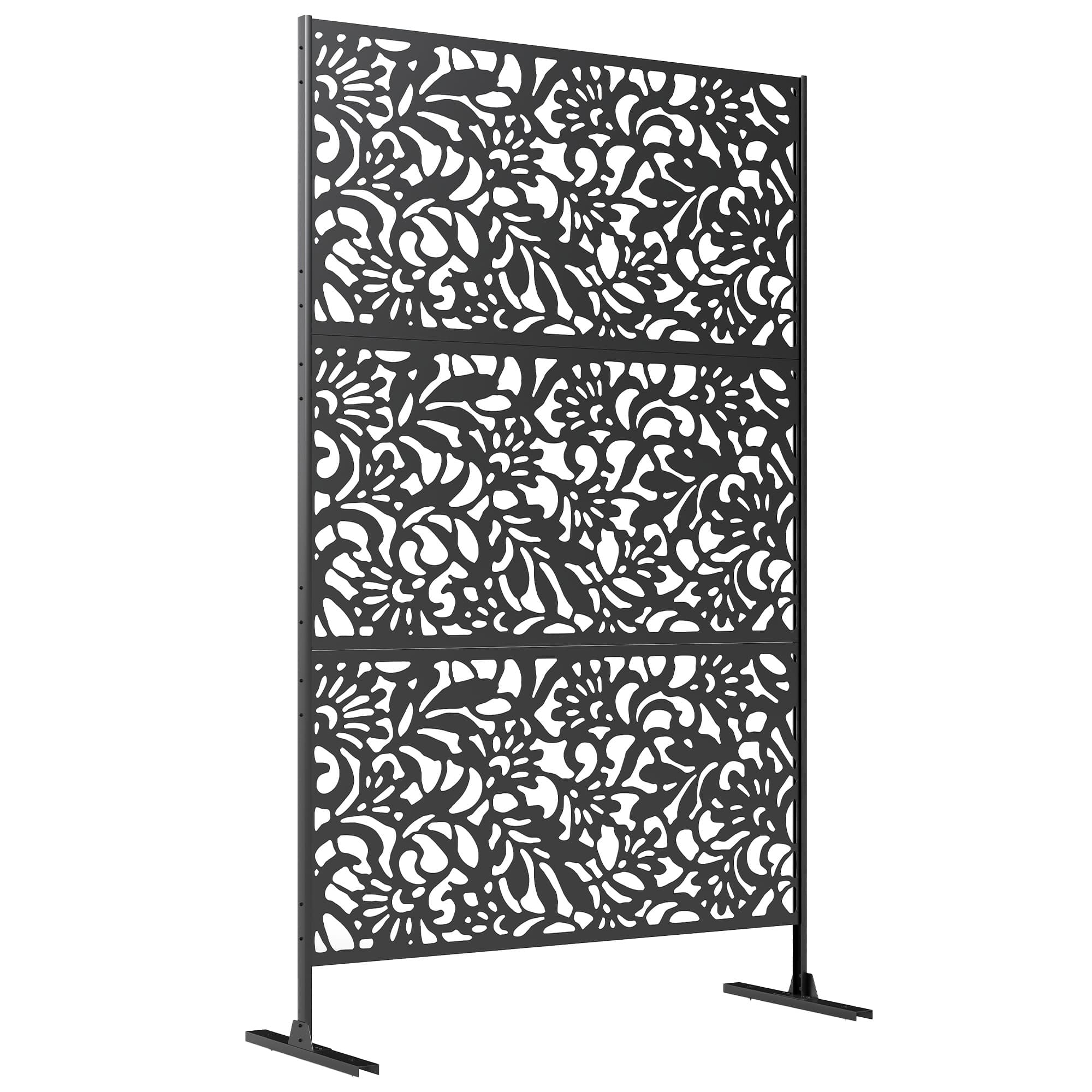Outsunny Painel Brise-Vue Decorativo Exterior Claustra Decorativo Jardim 3 Painéis com padrão floral Aço 122 x 45 x 198 cm Preto   Aosom Portugal