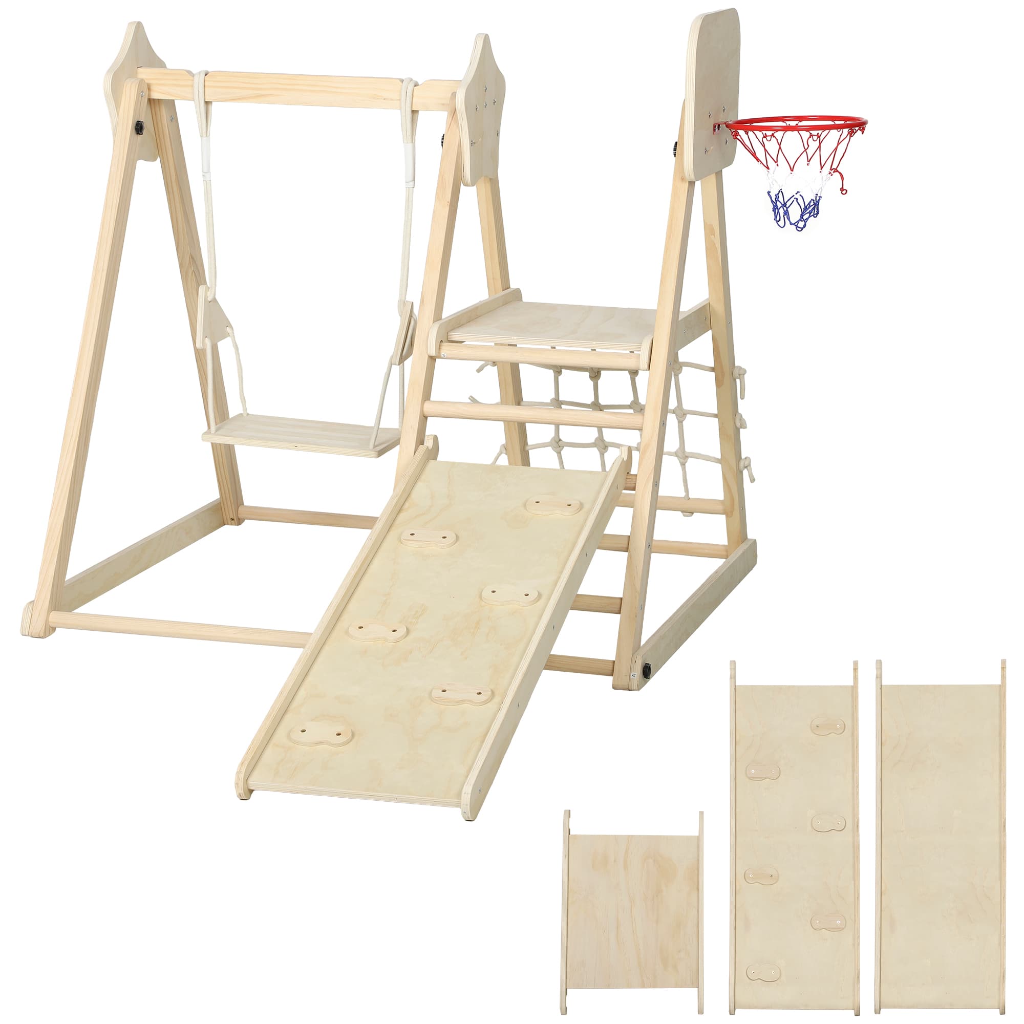 AIYAPLAY Escorrega Infantil 5 em 1 Estrutura de Escalada de Madeira com Escorrega Baloiço Cesto de Basquetebol 140x172,5x116,5 cm Madeira   Aosom