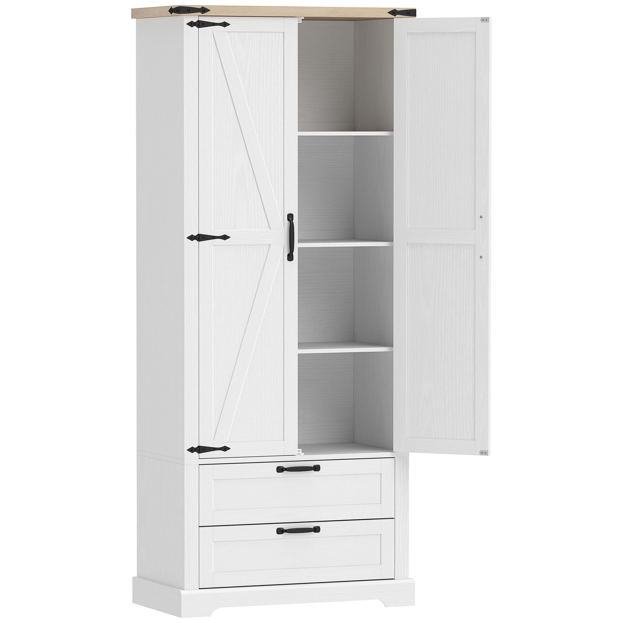 HOMCOM Buffet alto de cozinha, armário de cozinha com 2 portas, 2 gavetas, prateleiras ajustáveis, estilo rústico, 76x40x180cm, branco   Aosom