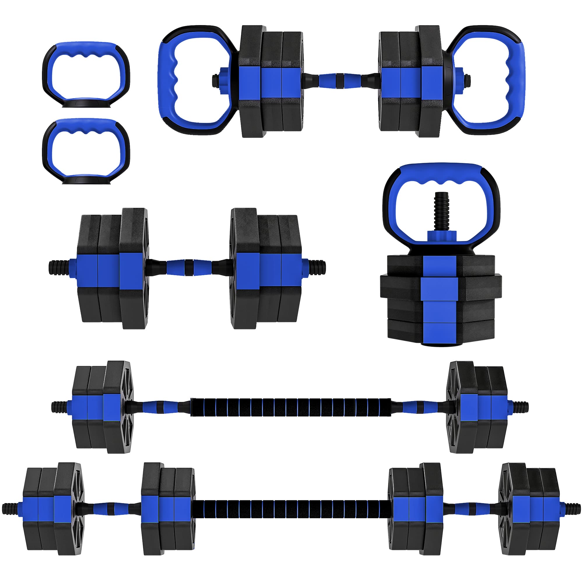 SPORTNOW Conjunto de halteres musculação 6-em-1 haltere ajustável 20 kg kettlebell, barra de musculação suporte para flexões azul   Aosom