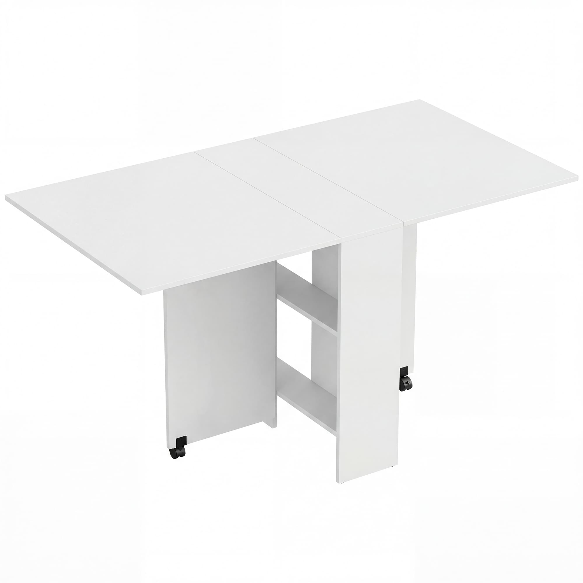 HOMCOM Mesa de Sala de Jantar Dobrável Mesa de Madeira com 2 Prateleiras de Armazenamento e Rodas para Cozinha 75x140x74 cm Branco   Aosom Portugal