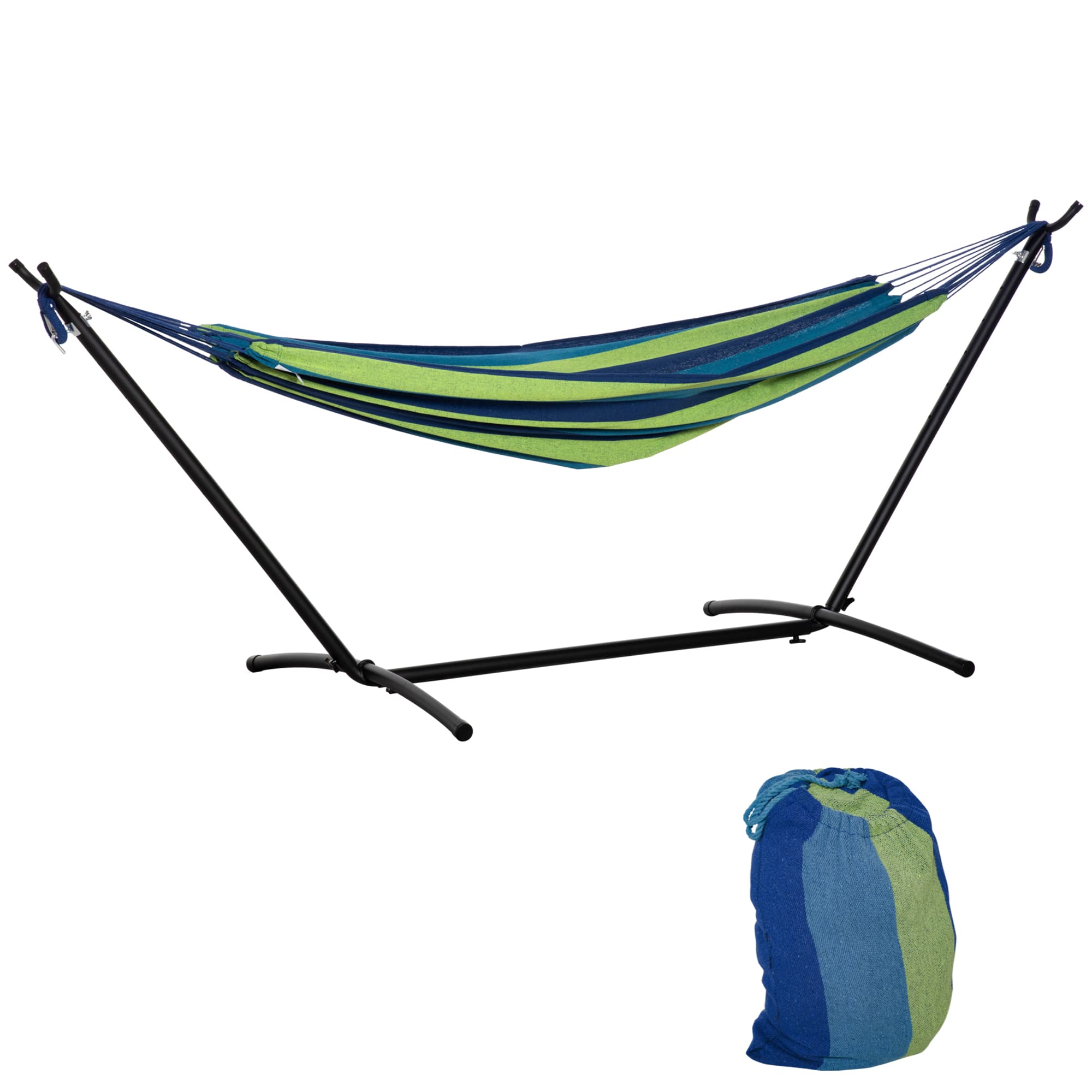 Outsunny Cama Rede com Suporte 298x117 cm Bolsa Transporte Altura Ajustável Capacidade 120 kg Campismo Pátio Verde Azul Praticidade   Aosom Portugal