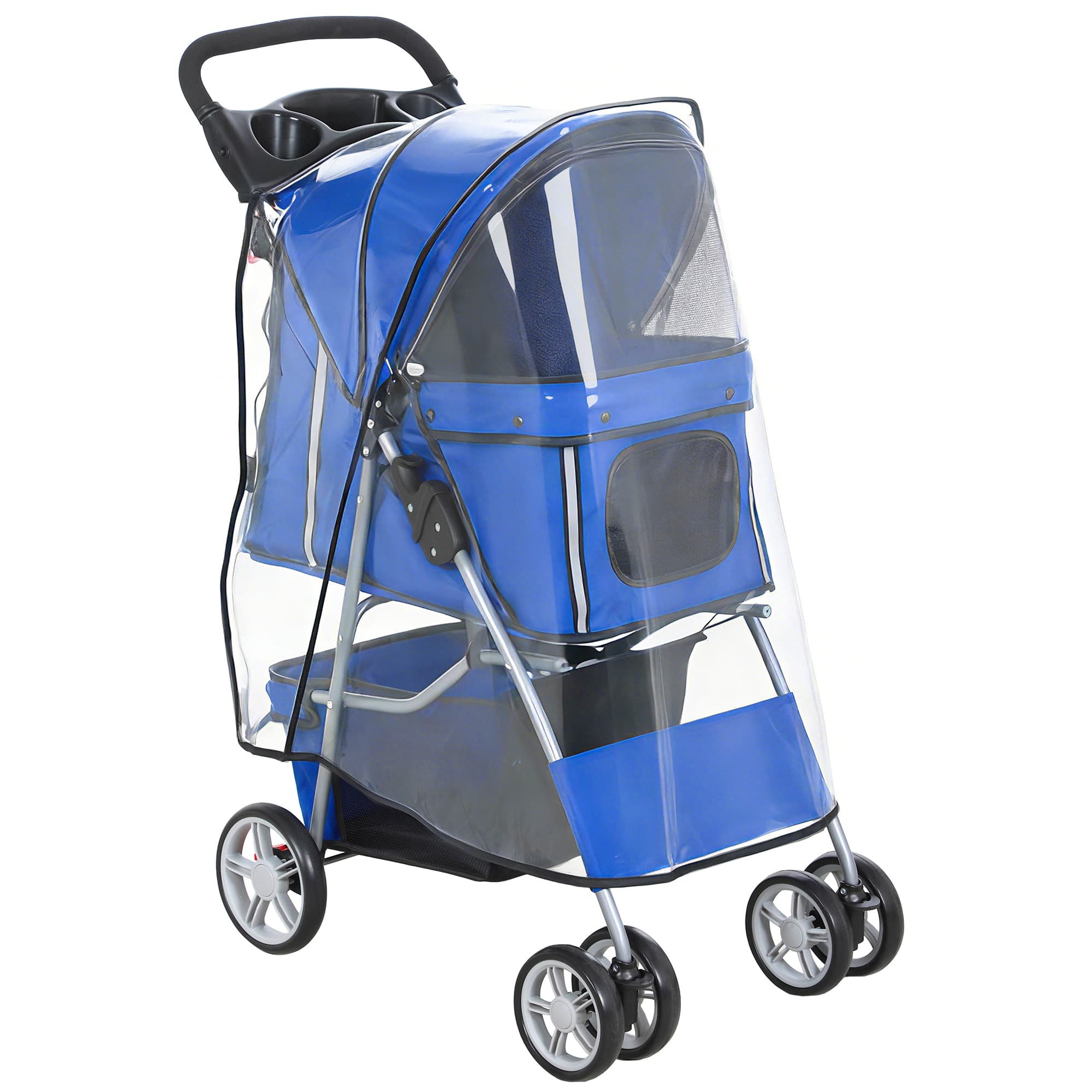 PawHut Carrinho para Cães Carrinho Dobrável Carrinho para Gatos até 10 kg com Capa de Chuva Faixas Refletoras Cesto 77x44x102 cm Azul   Aosom