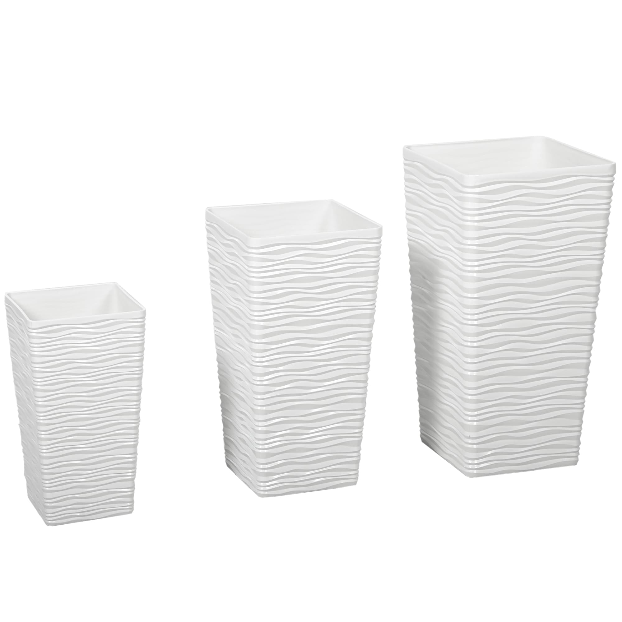 Outsunny Conjunto 3 Vasos de Exterior Empilháveis com Padrão Ondulado em Plástico 42/55/65 cm Branco   Aosom Portugal