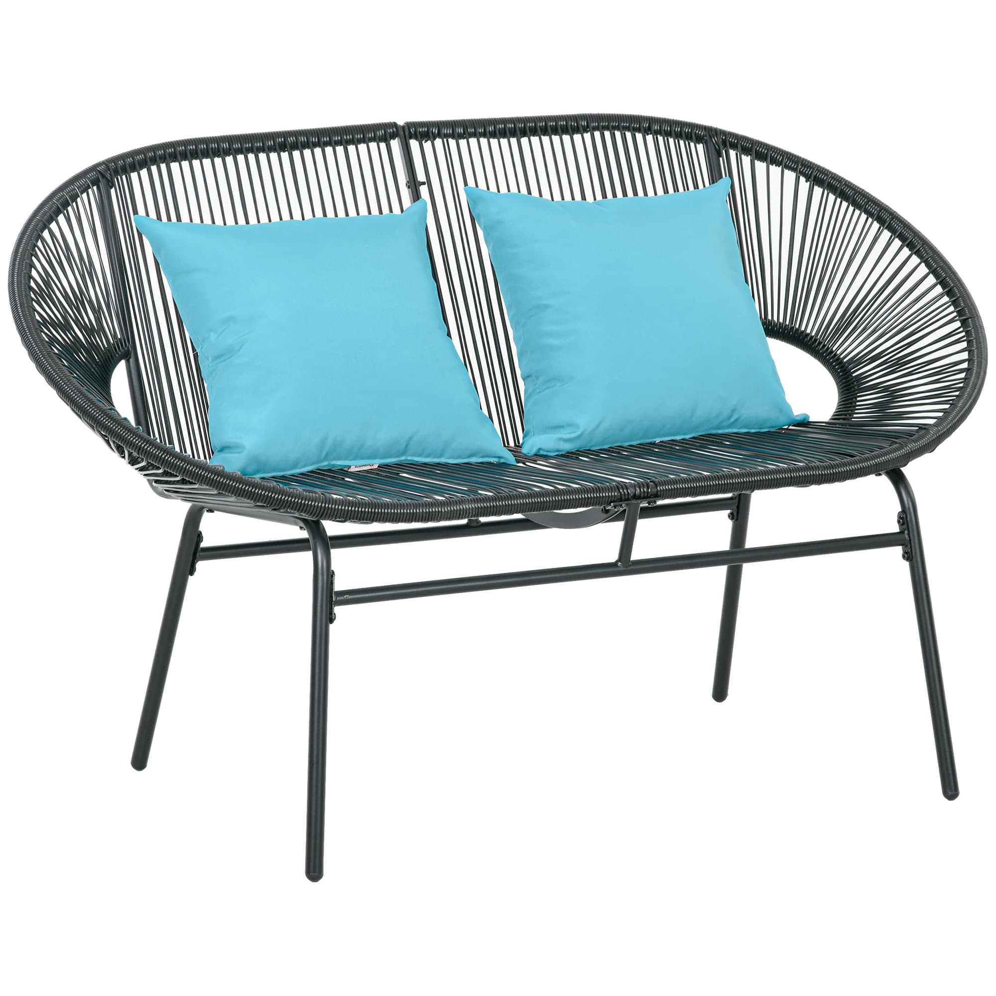 Outsunny Banqueta banco de jardim 2 lugares em metal e cordoaria em resina com 2 almofadas - dim. 132L x 72l x 83H cm - preto   Aosom Portugal